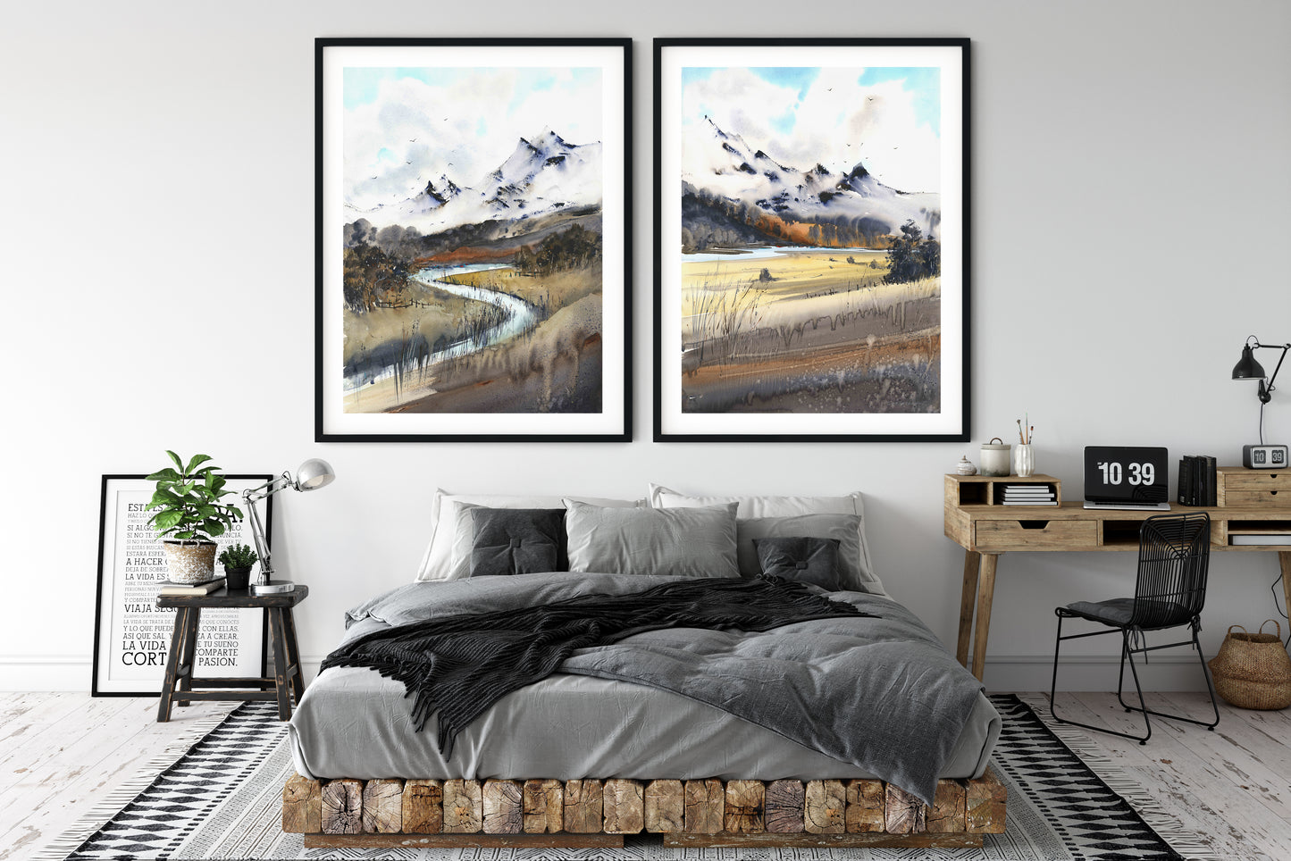 Fall Mountain Set of 2 Abstract Art Prints, Nature Wall Art, Contemporary Painting, Living Room Decor, Canvas Large Print, Burnt Yellow
