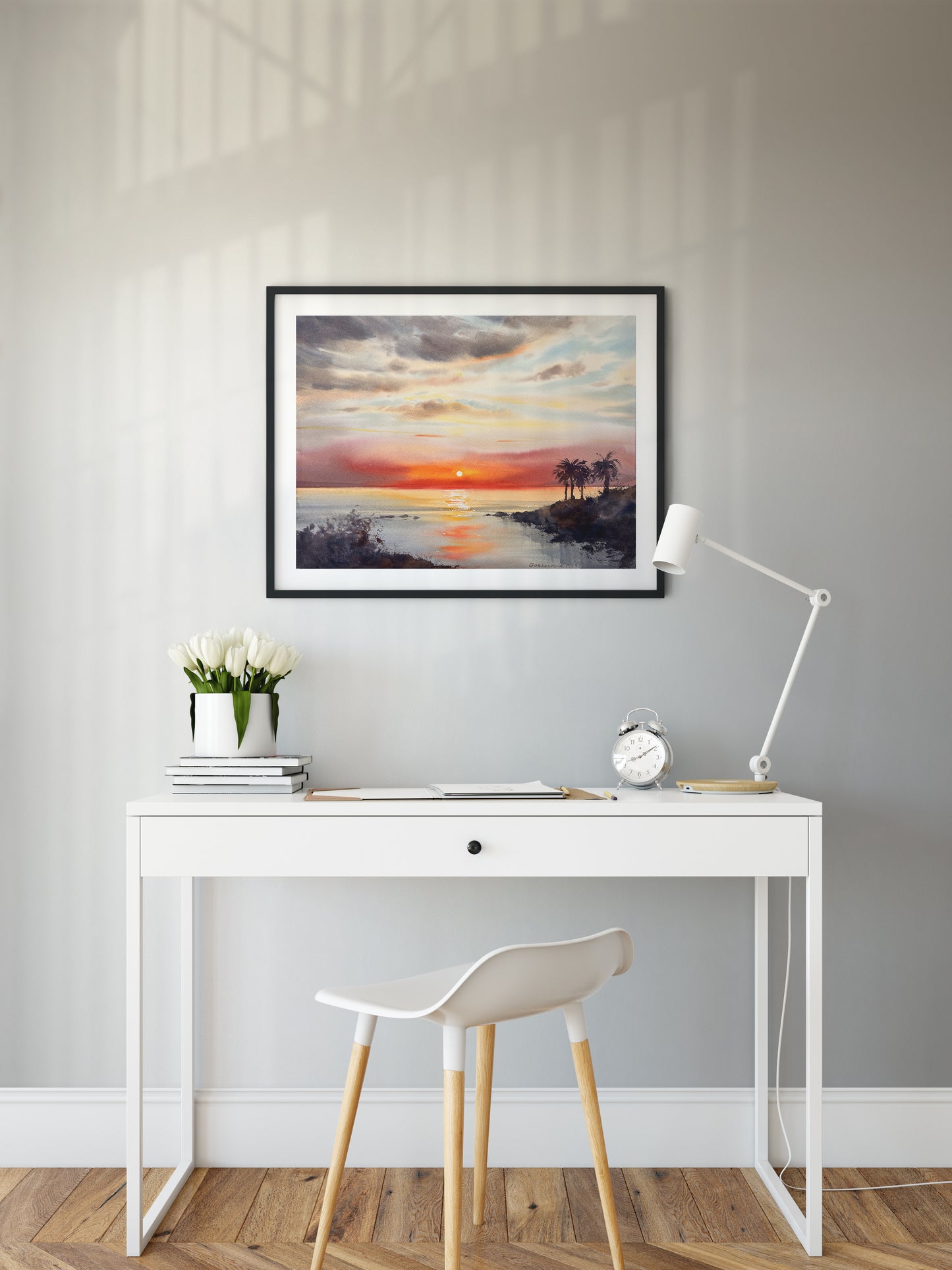 Palm Sunset Painting, Original Hawaii Artwork, California Beach Art, Watercolor Coastal Seascape, Gift