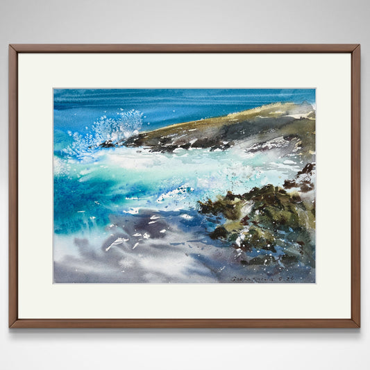 Sea Wave Painting, Original Watercolor Artwork - Waves and Rocks #20