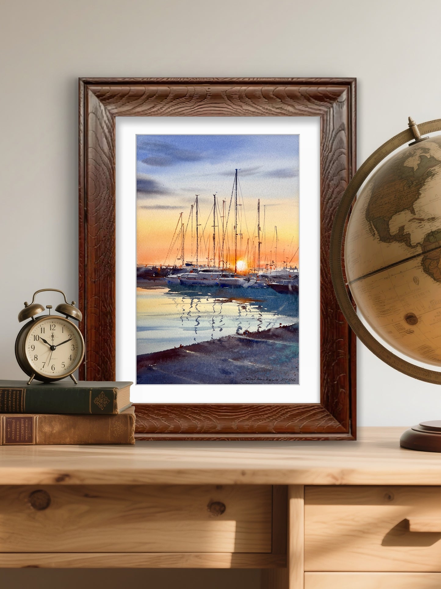 Sunset Harbor Watercolor Painting, Sailing Yacht Mast Wall Art, Silent Sunset Marina 8x12