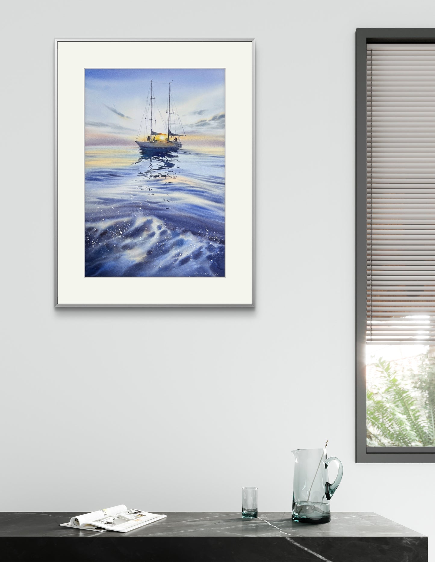 Sunset Sail - Blue painting original seascape artwork - 15x22 in