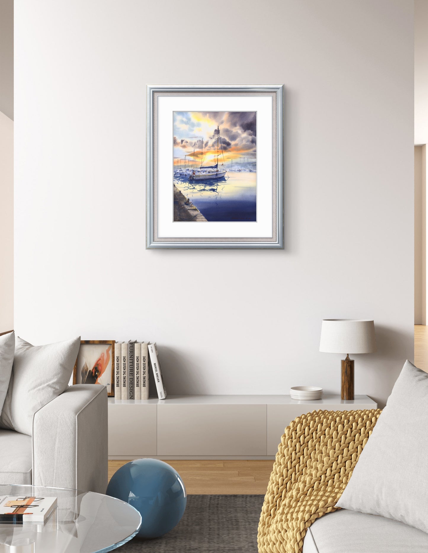 Sunset Sailing Watercolor, Yacht Harbor Painting, Harbor in Amber 12x16