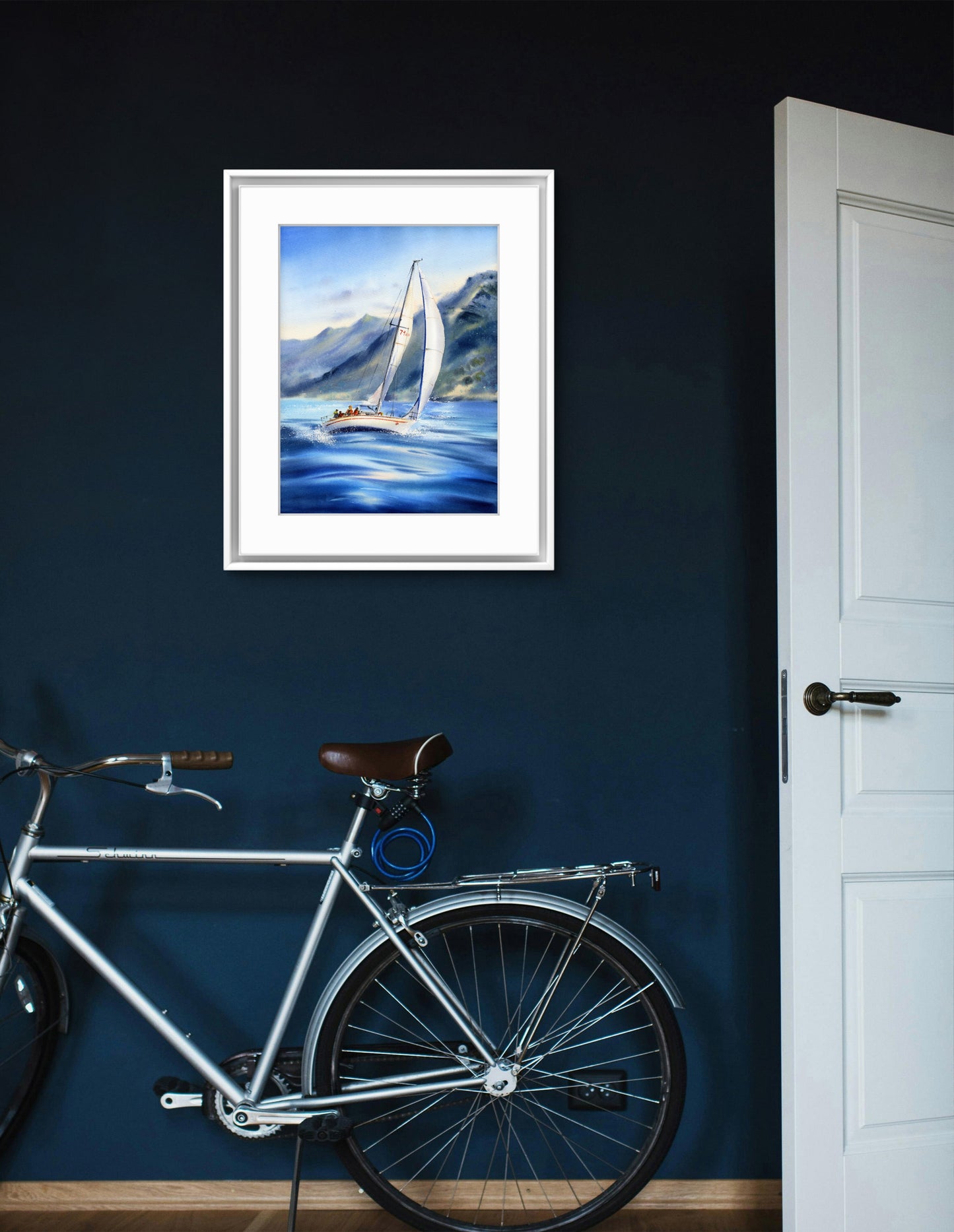 Sailing Boat Watercolor Painting, Ocean Landscape Art, Yacht on the waves #4 12x16