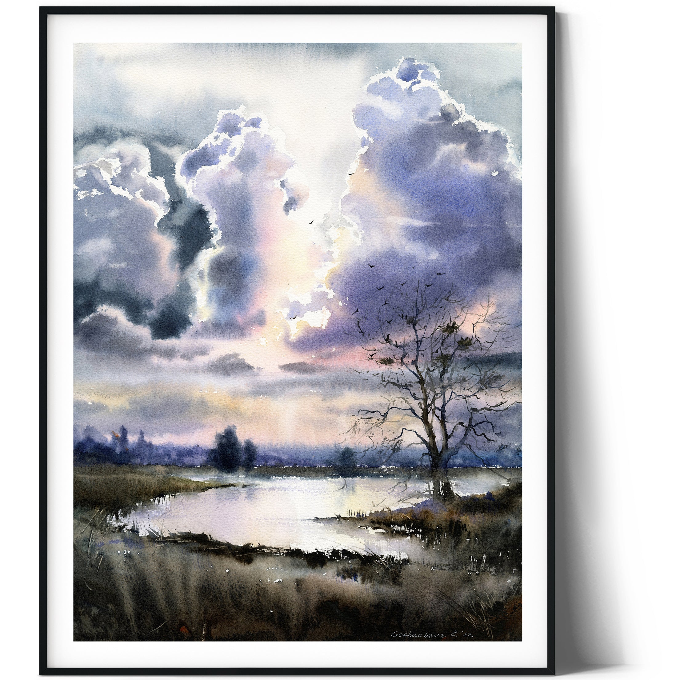 Original watercolor landscape store painting 9x12 (11x14 matted) Decor Scenery wetlands