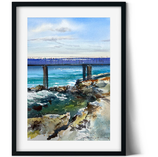 Sea Coast Bridge #2 Original Watercolor Seascape Painting, 8x12