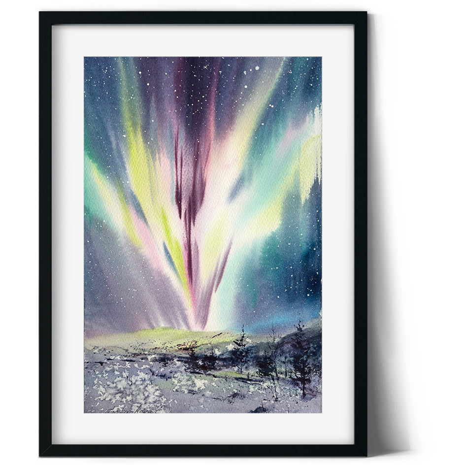Aurora Borealis Painting Original Watercolor, Northern lights, Winter Landscape, Nordic Wall Art, Christmas Gift