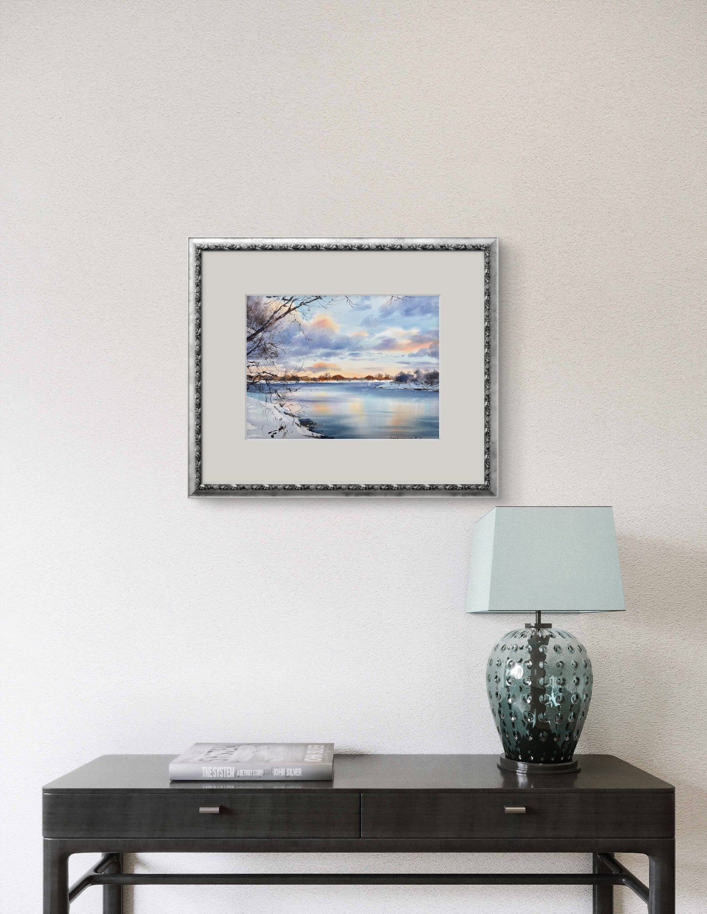 Winter Painting, Small Watercolor Original, Night Sky, Snowy Landscape, Frozen River Artwork, Unique Gift