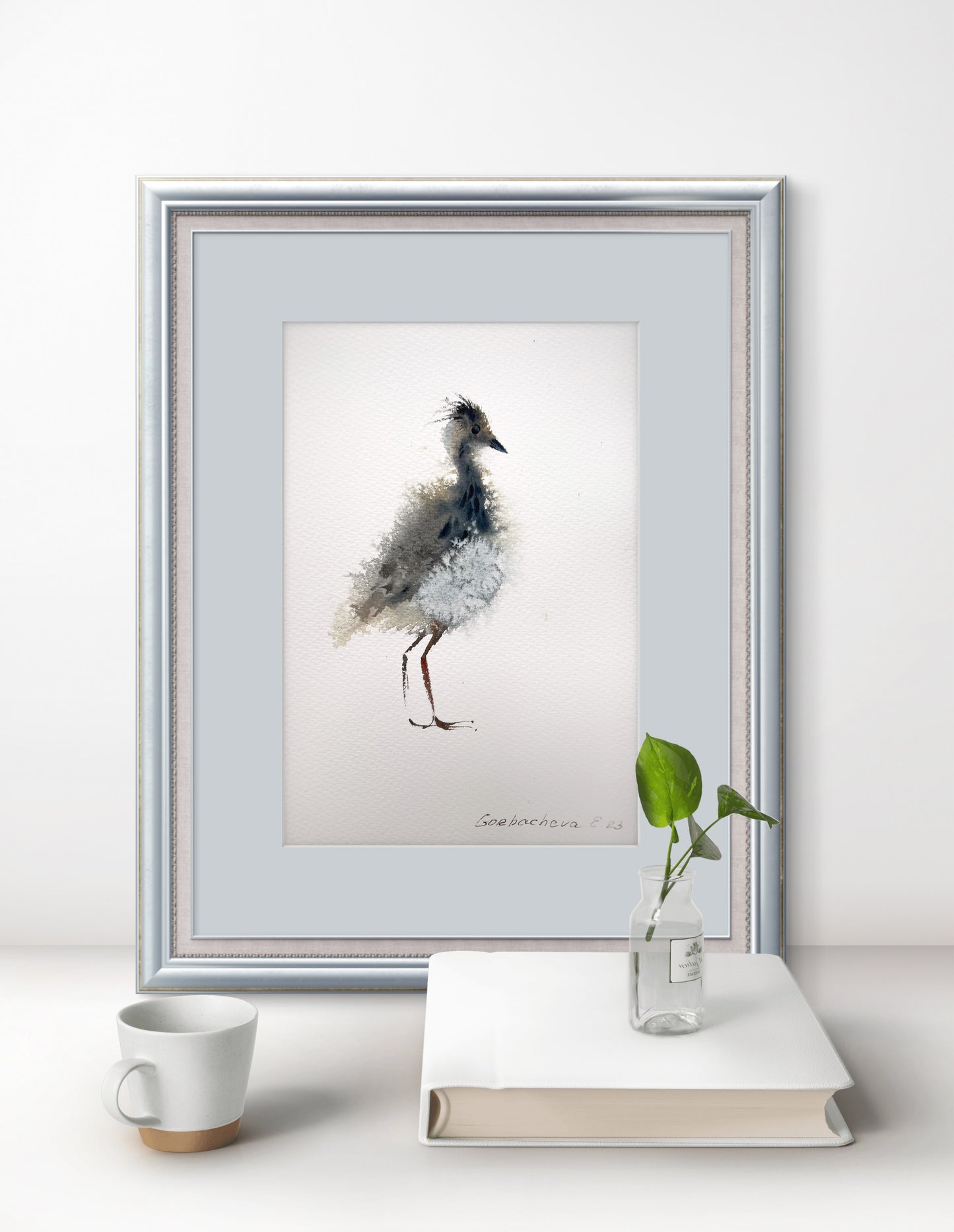 Small Watercolor Painting of Gray Lapwing Chick, Original Bird Art, Beautiful Wall Accent,Lapwing #2
