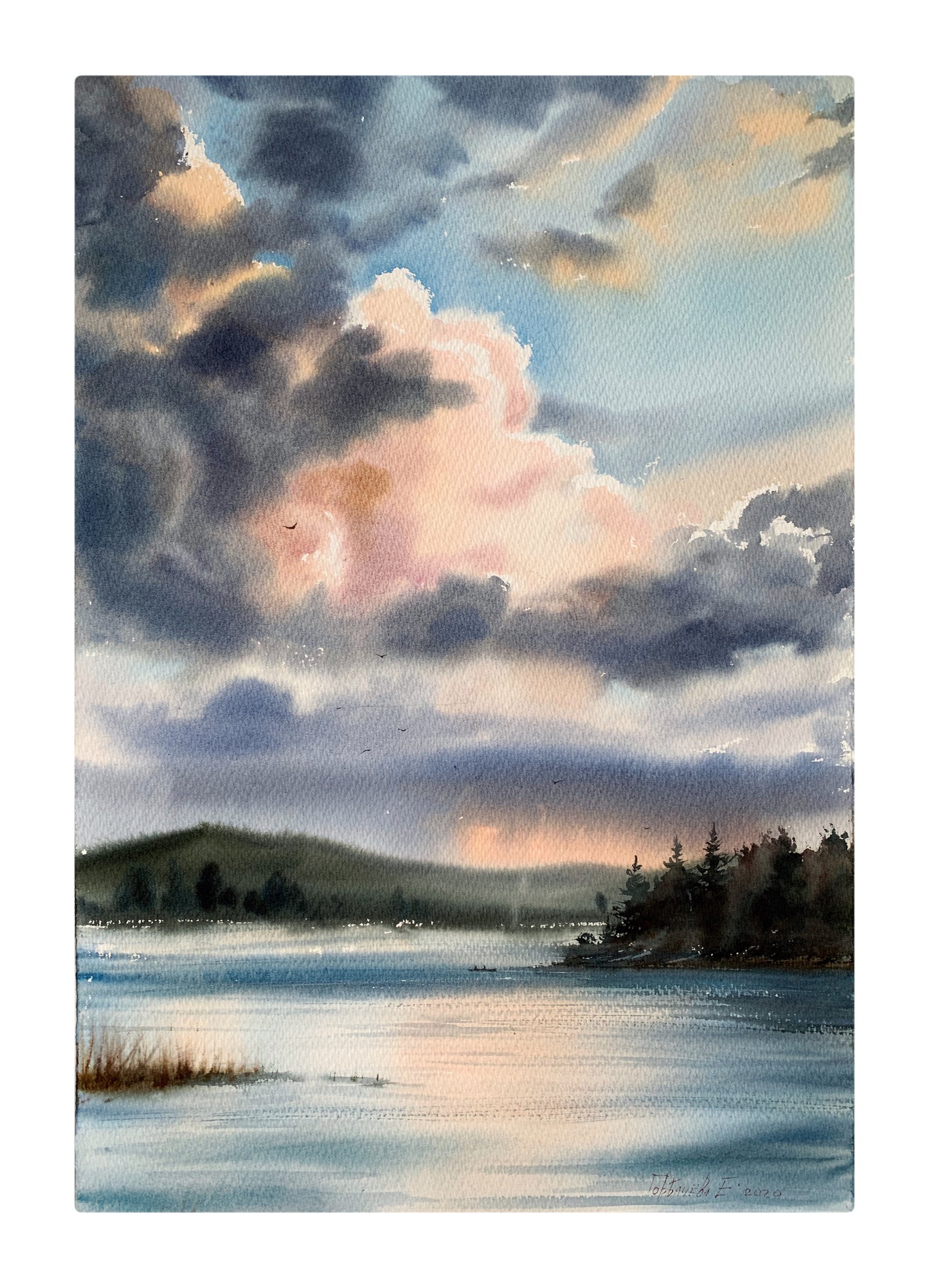 Painting Original Watercolor - Lake and clouds - 22 x 15 in