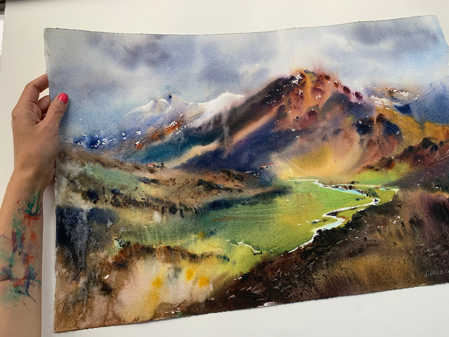 Modern Landscape Painting Watercolour Original - Mountains in Autumn - 15 x 22 in