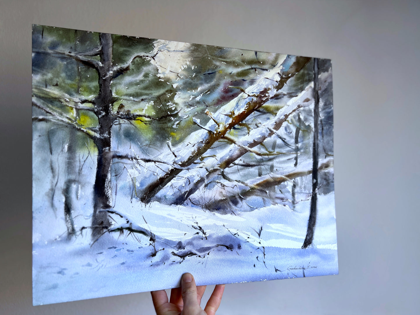 Winter Forest Watercolor Painting, Winter’s Quiet Breath 31x41