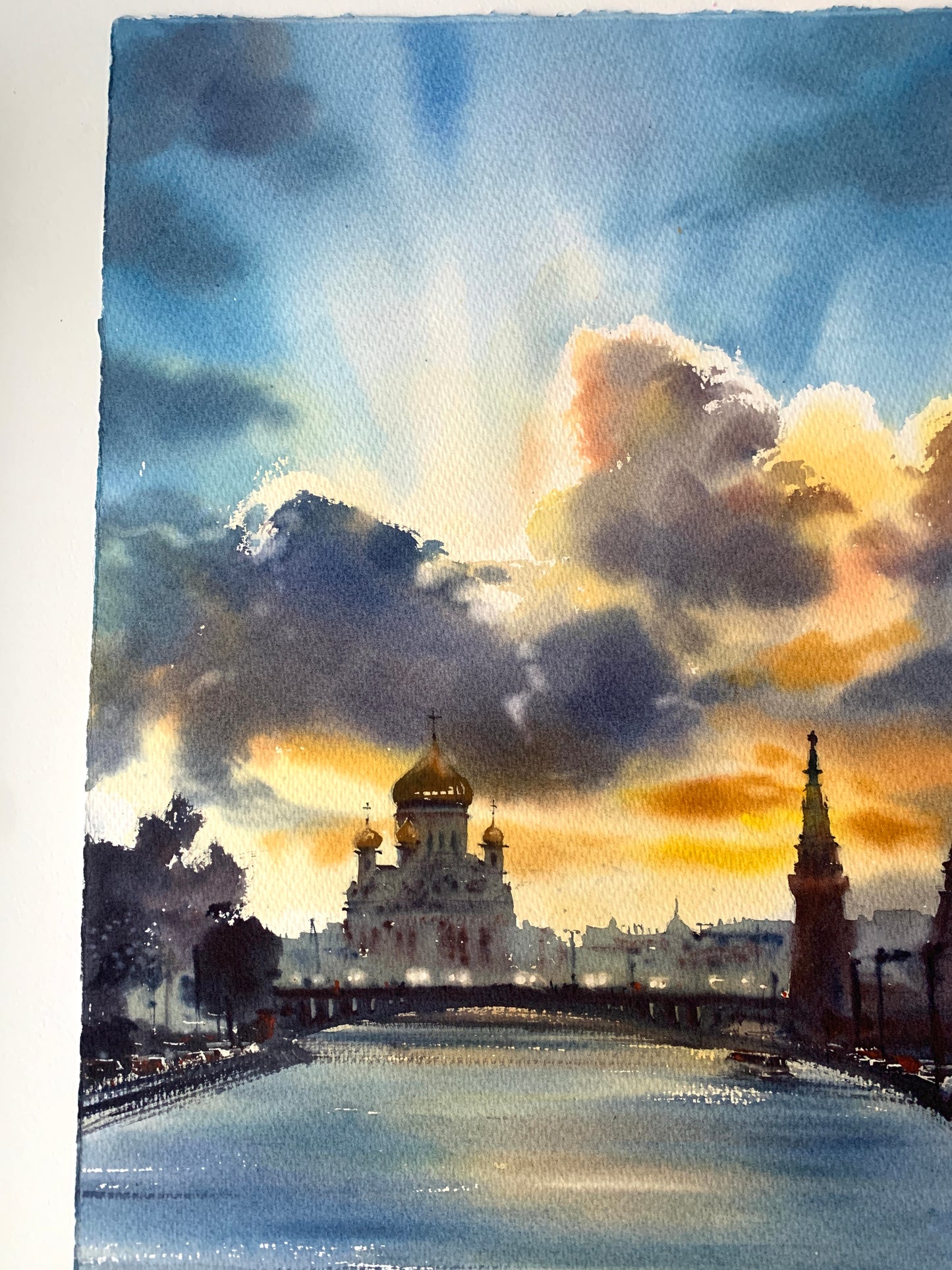 Cityscape Painting Original Watercolor - Sunset over Moscow #2 - 15 x 22 in