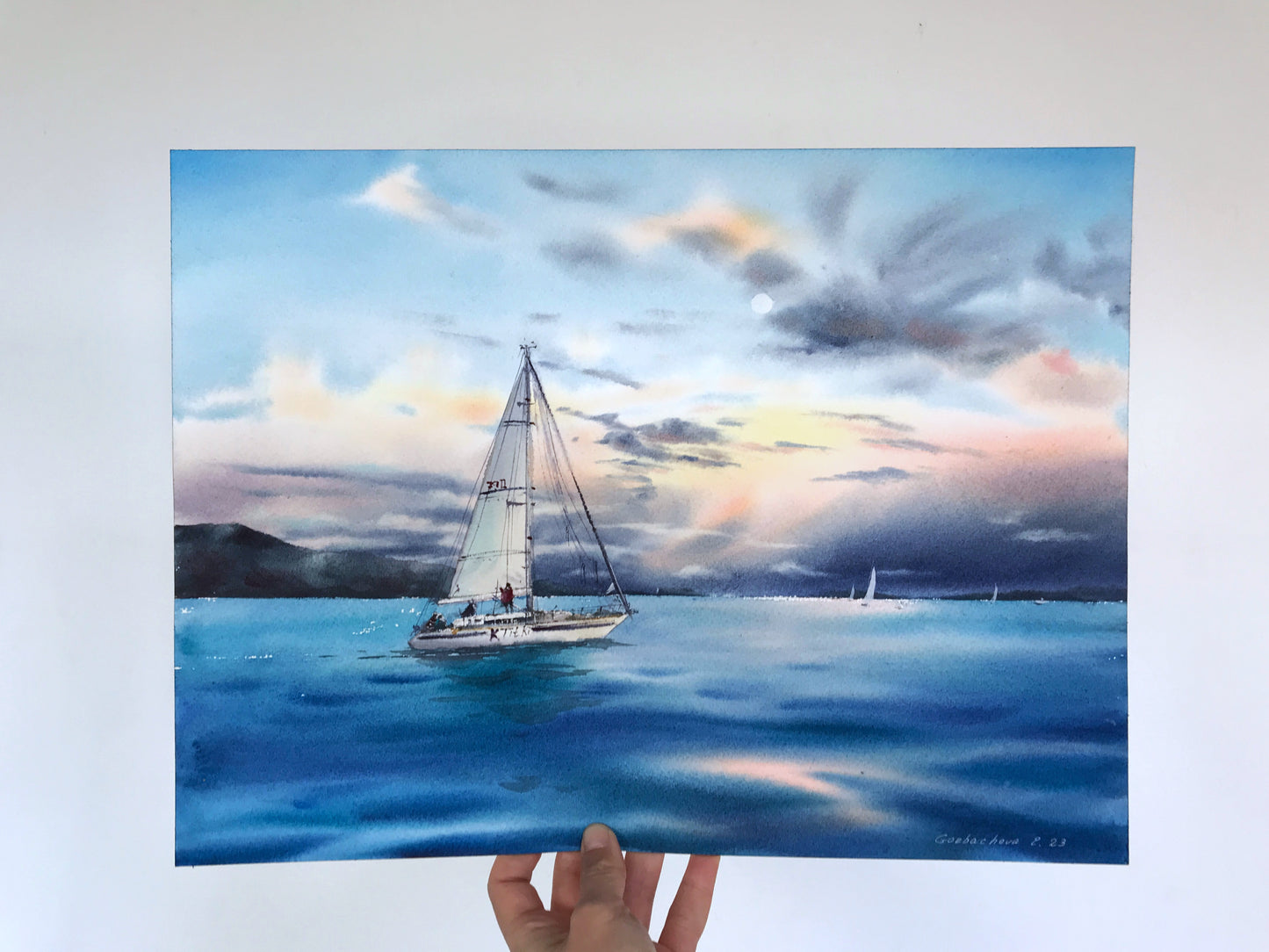 Original Sailboat Watercolor Painting, Ocean Sunset Art, Yacht in the sea at sunset #5
