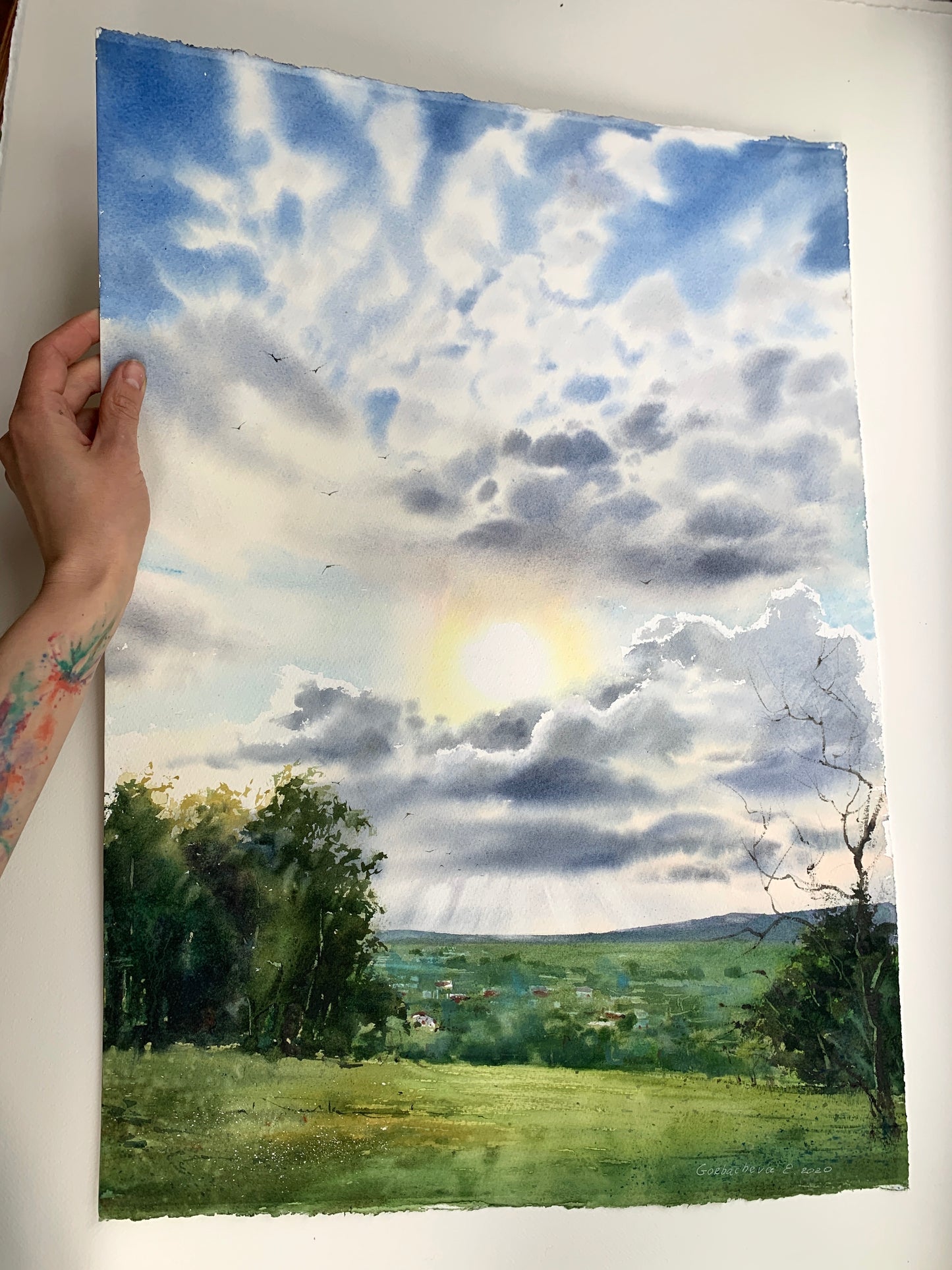 Rural Landscape Painting - Field and Clouds #2 - 15x22 in