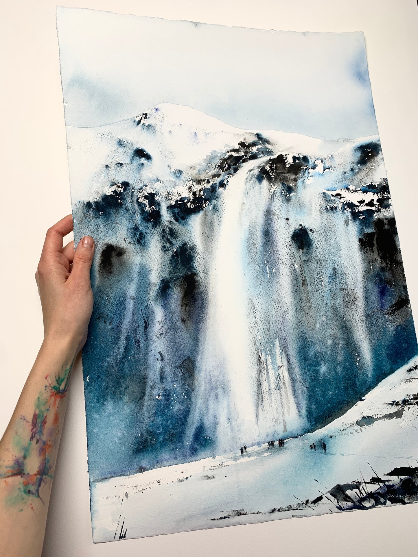 Nordic Landscape Watercolor Painting - Ice waterfall - 15 x 22 in