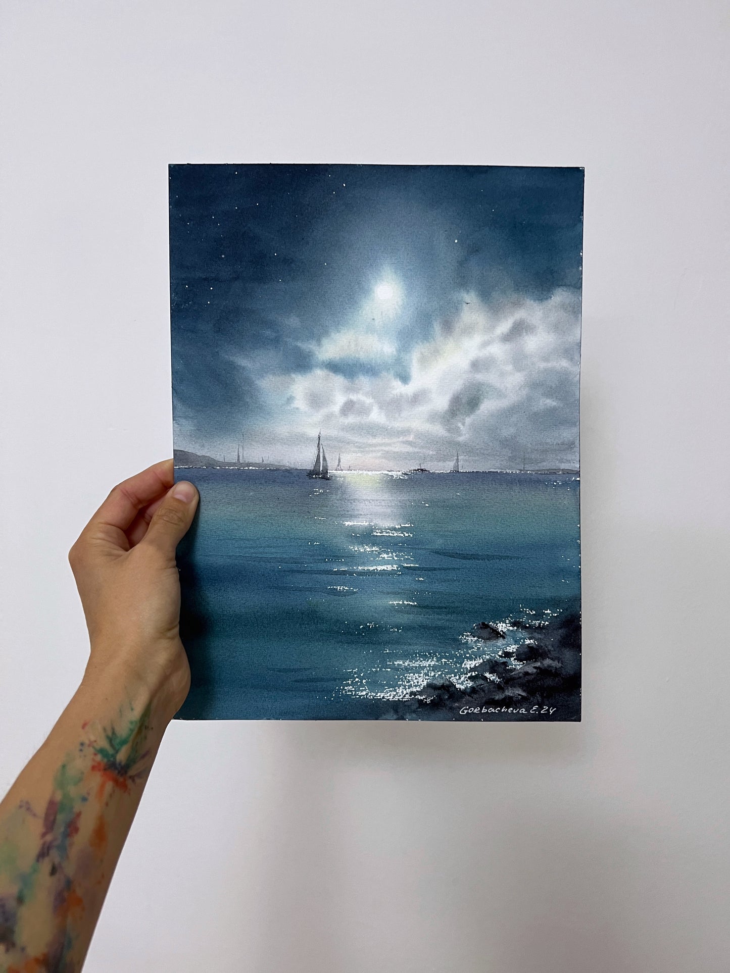 Moon Yacht Painting Watercolor Original - In the moonlight #7
