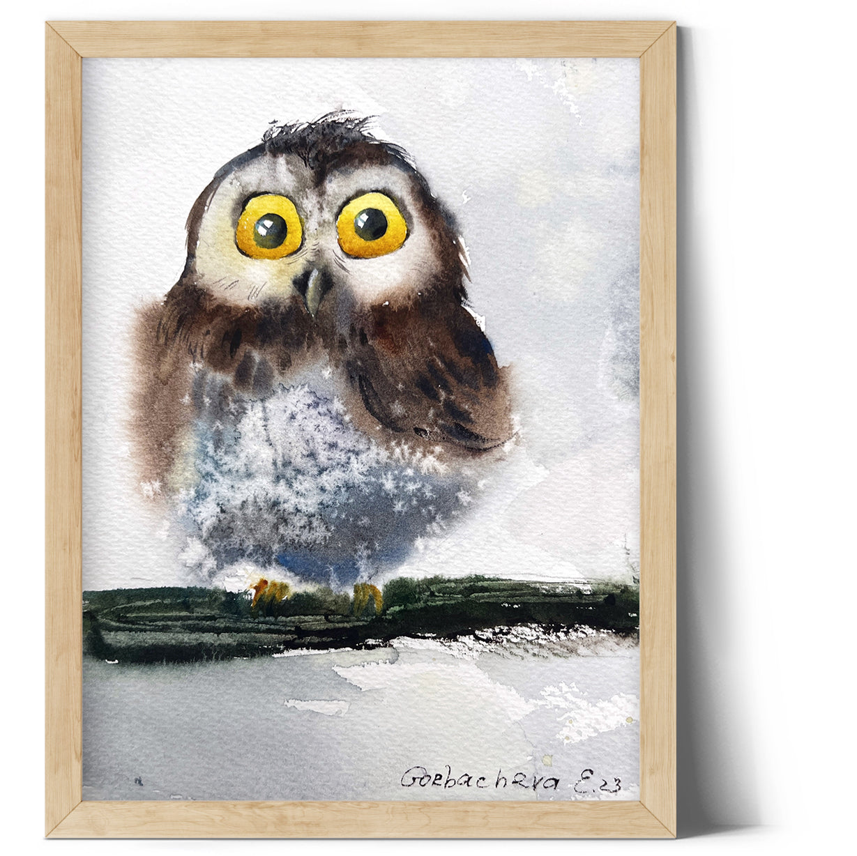 Watercolor Owl - 'Little Owl on a Branch #15', Original Handmade Painting, Ideal Christmas Gift for Home Decor