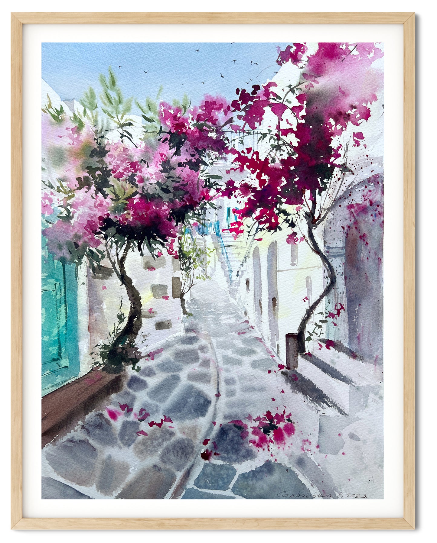 Greece Original Watercolor Painting, Greek Coastal City Artwork, Coast Village, Green Door Wall Art, Travel Gift