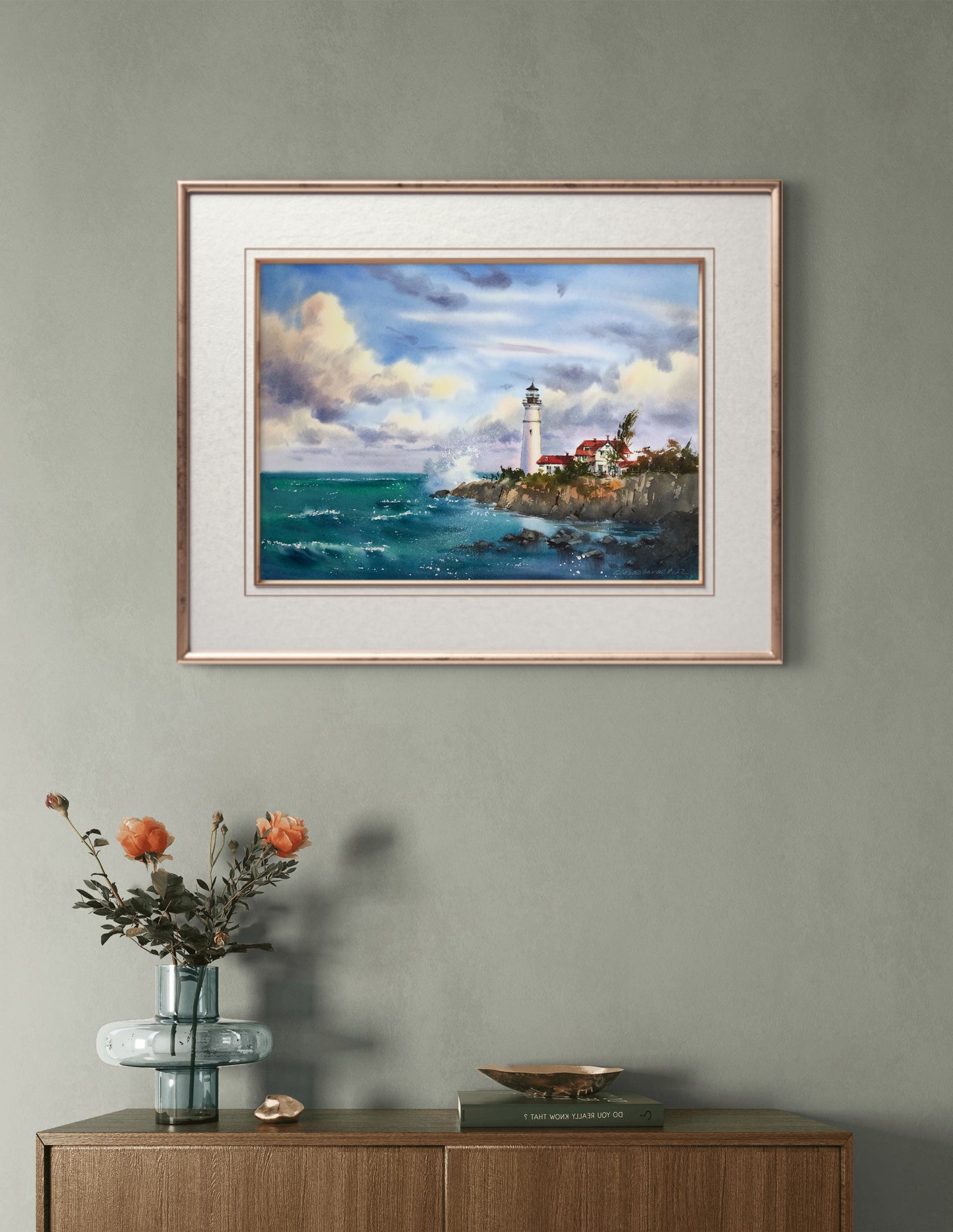 Watercolor Original Painting - Before the storm, Lighthouse #2 - 18x14 in