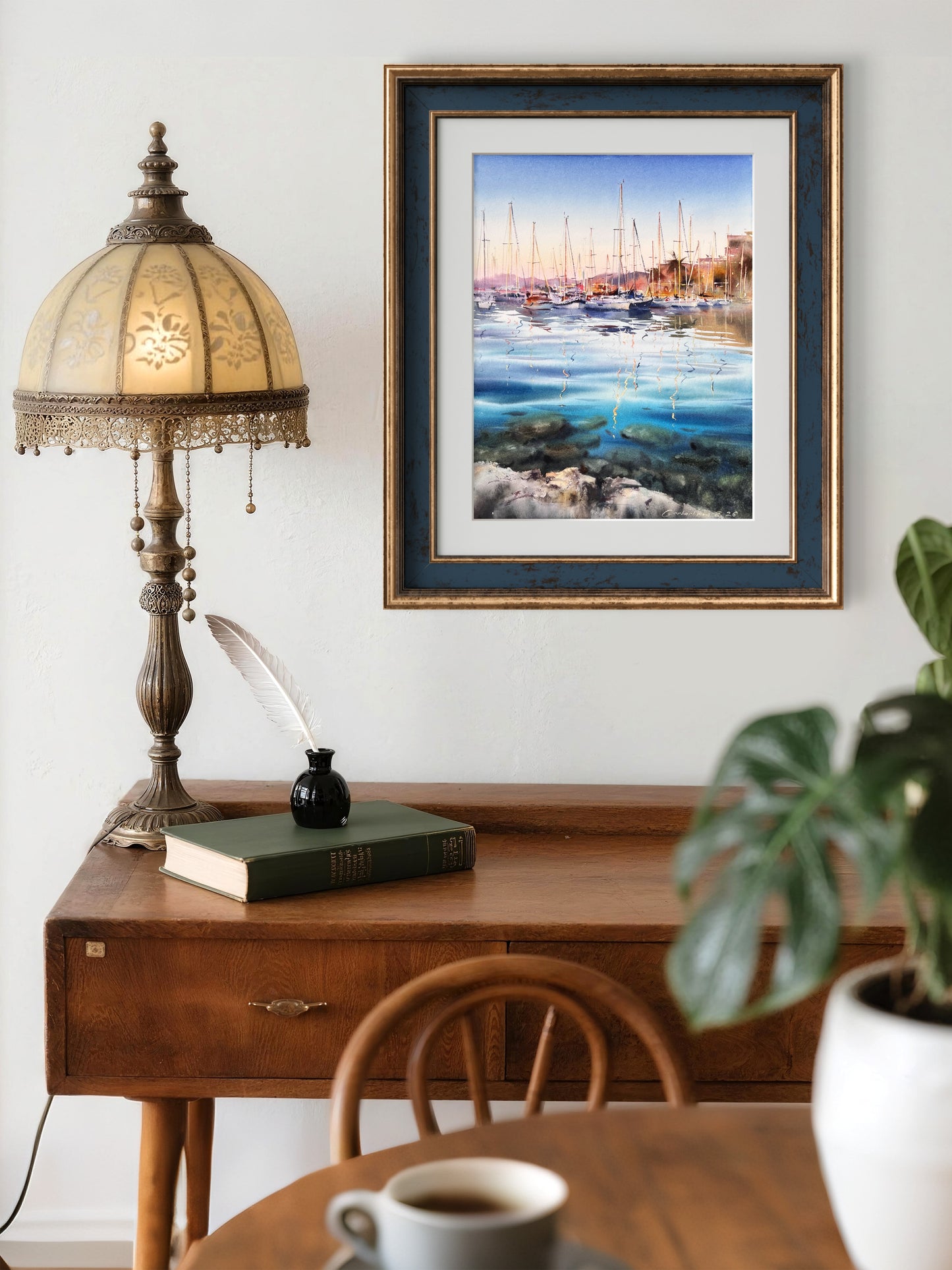 Sailboat Harbor Watercolor, Coastal Marina Painting, The Quiet Marina 12x16 (Copy)