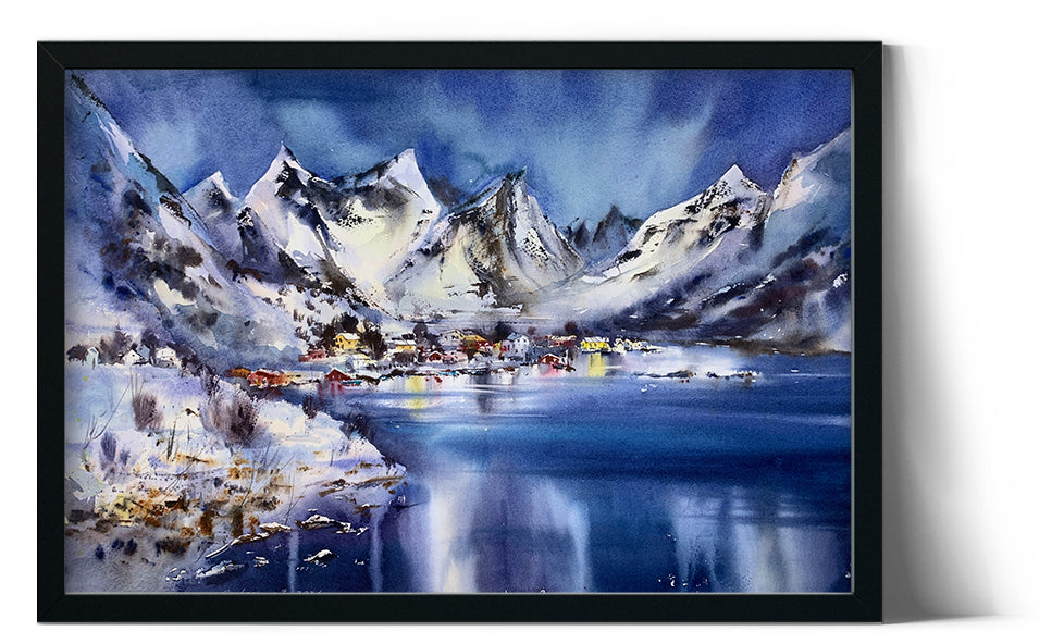 Lofoten Islands Painting, Modern Mountain Watercolour Original, Mountainscape #20 15x22
