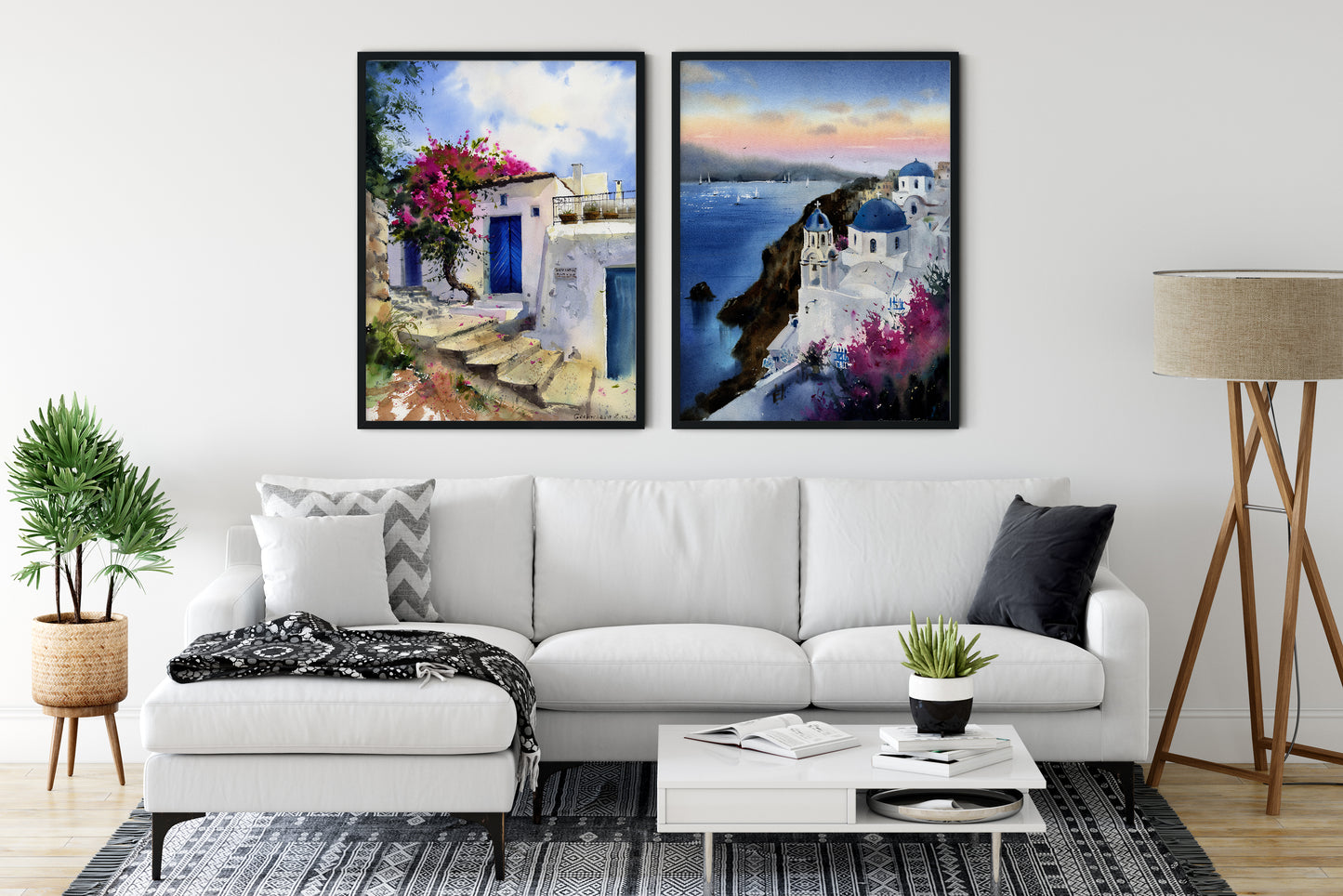 Greece Prints Set of 2 Wall Art, Santorini Gallery Wall Set, Blush Mediterranean Art, Blue White Coastal Travel Paintings