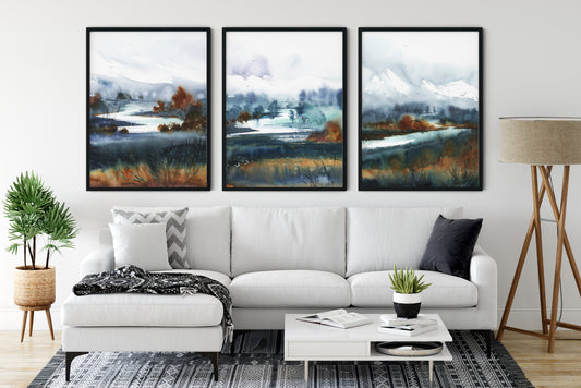 Abstract Mountain Set of 3 Prints, Nature Wall Art, Modern Fall Landscape Paintings On Canvas, Contemporary Office Decor