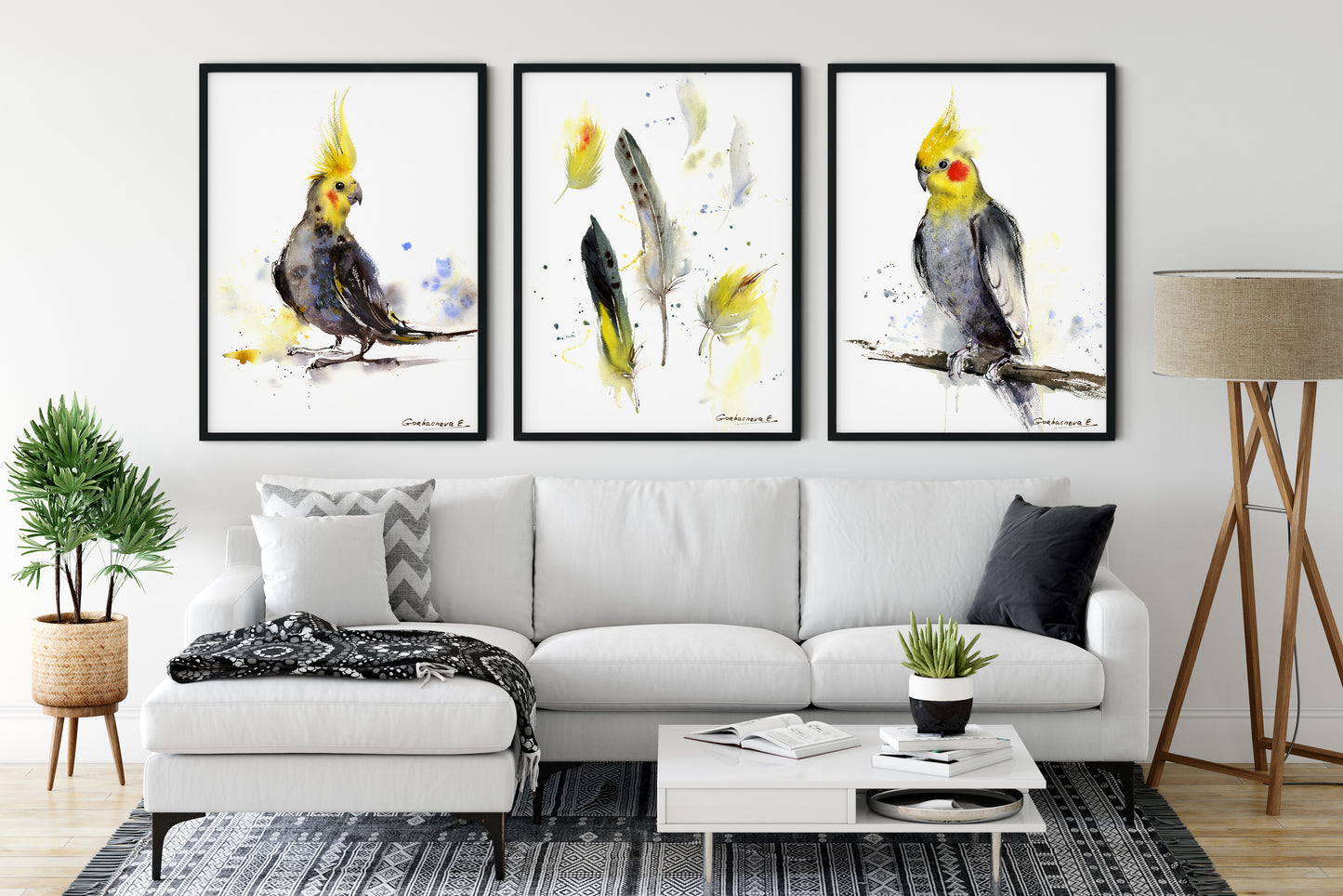 Bird Set of 3 Art Prints, Parrot Wall Art, Cockatiel Wall Decor, Watercolor Feathers, Yellow Gray Minimalist Birds