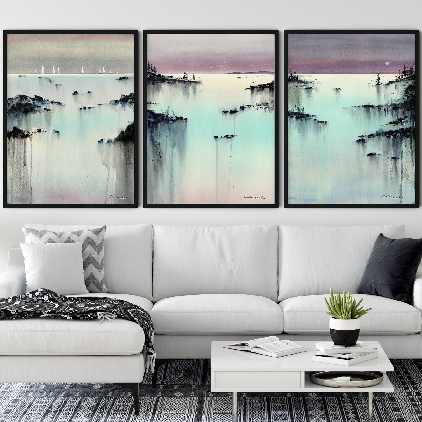 Abstract Coast Set of 3 Nature Prints, Pine Tree Art, Turquoise Lake, Pink, Landscape Canvas Paintings, Decor Above Sofa