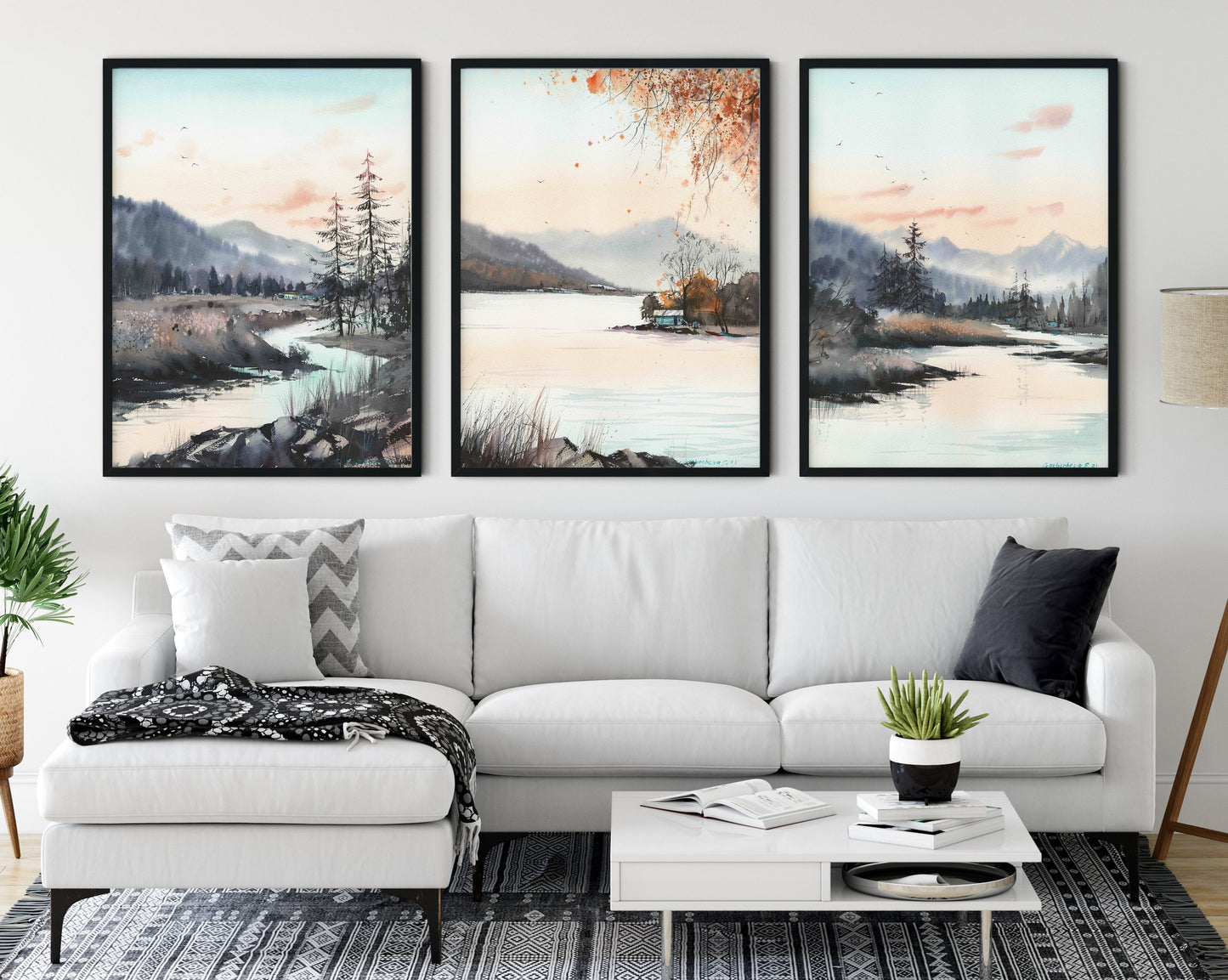 Set of 3 Fall Nature Prints, Abstract Mountain Art, Turquoise Lake House, Landscape Canvas Paintings, Decor Above Bed