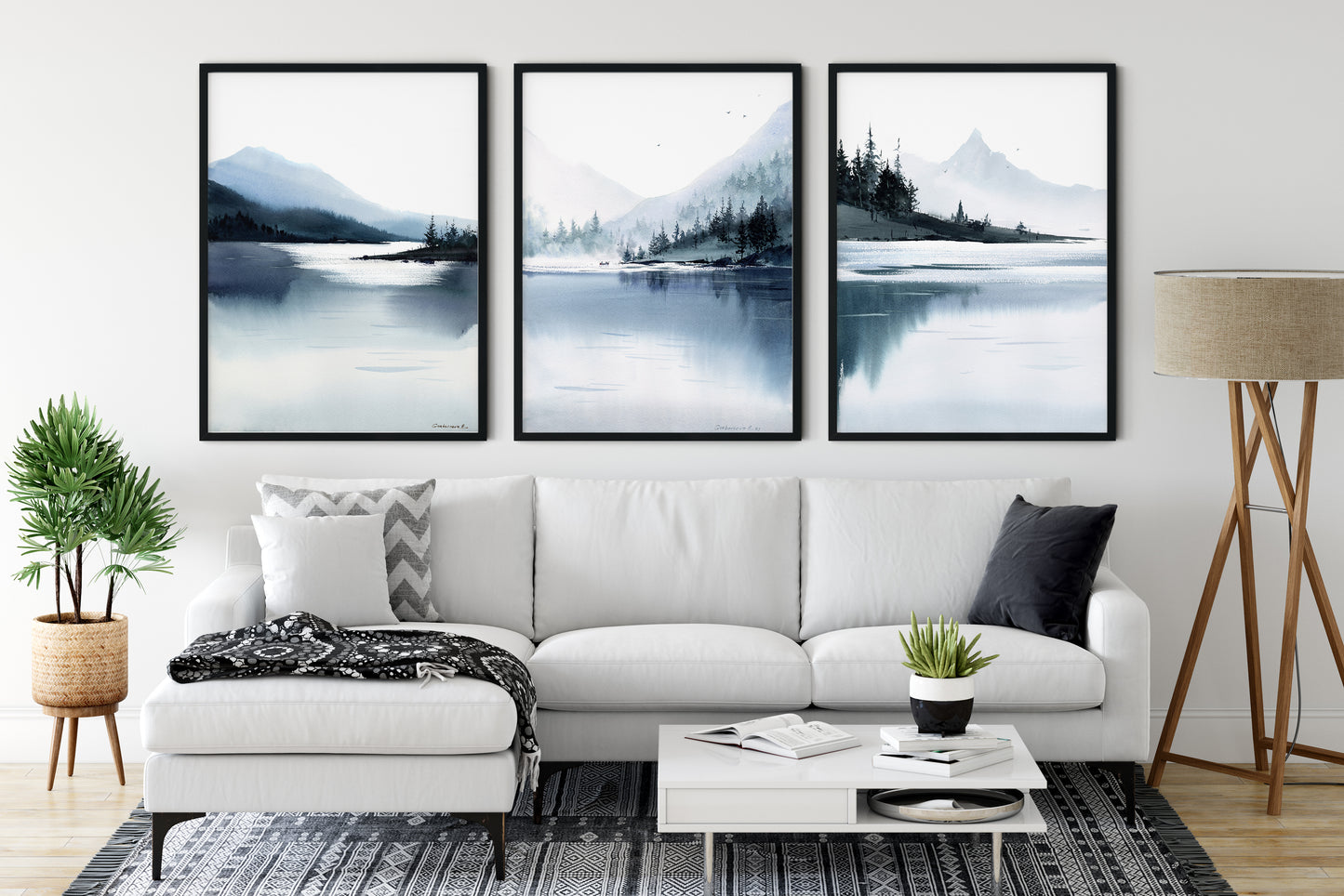Modern Nature Set of 3 Misty Mountain Art Prints, Monochrome Abstract Mountains, Minimalist Contemporary Home Office Decor