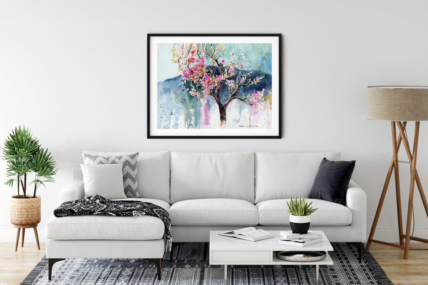 Pink Flower Tree Art Print, Botanical Watercolor Painting, Modern Sakura Wall Decor, Blooming Peach Blossom, Trees, Gift for House