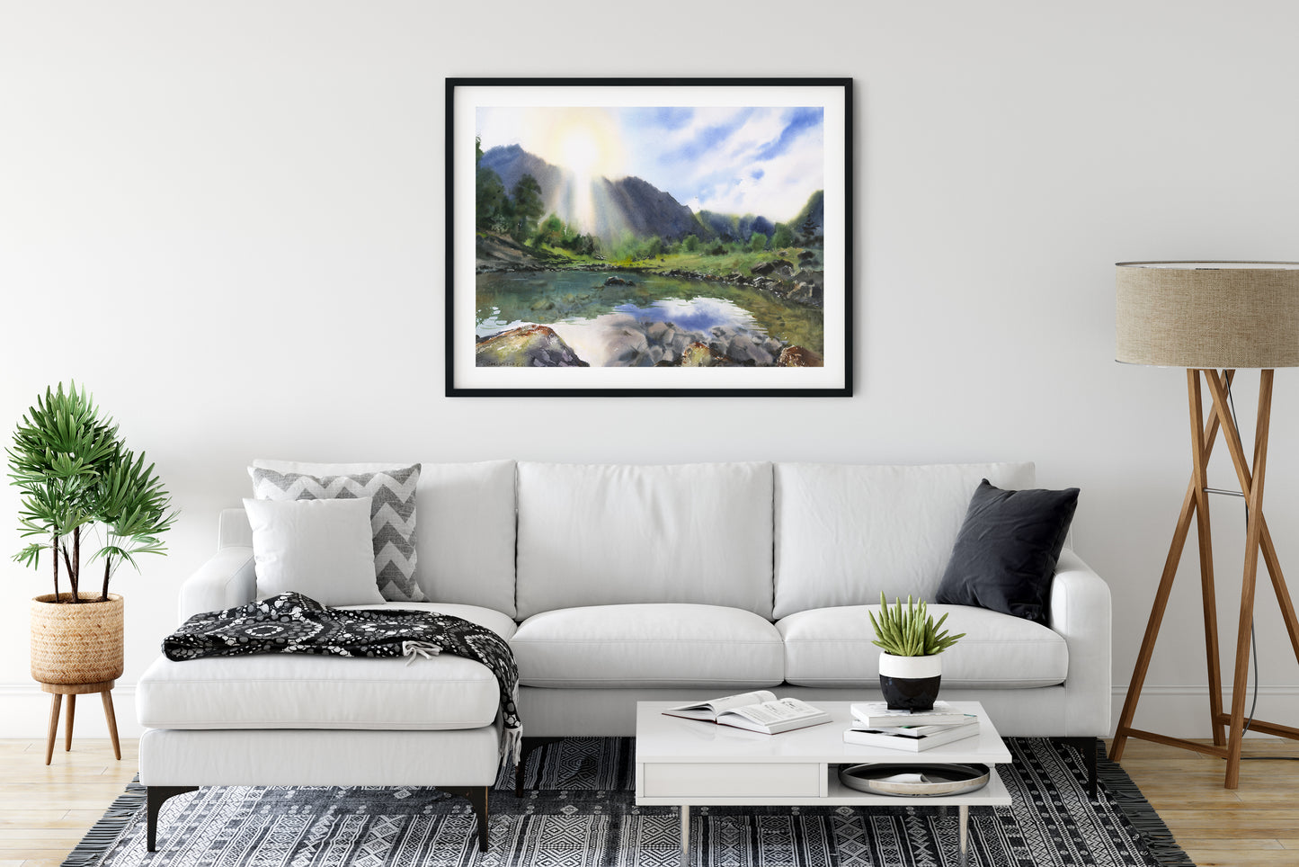 Mountain Lake Wall Art, Green Landscape Art Print, Nature Painting, Modern Watercolor, Home Decor