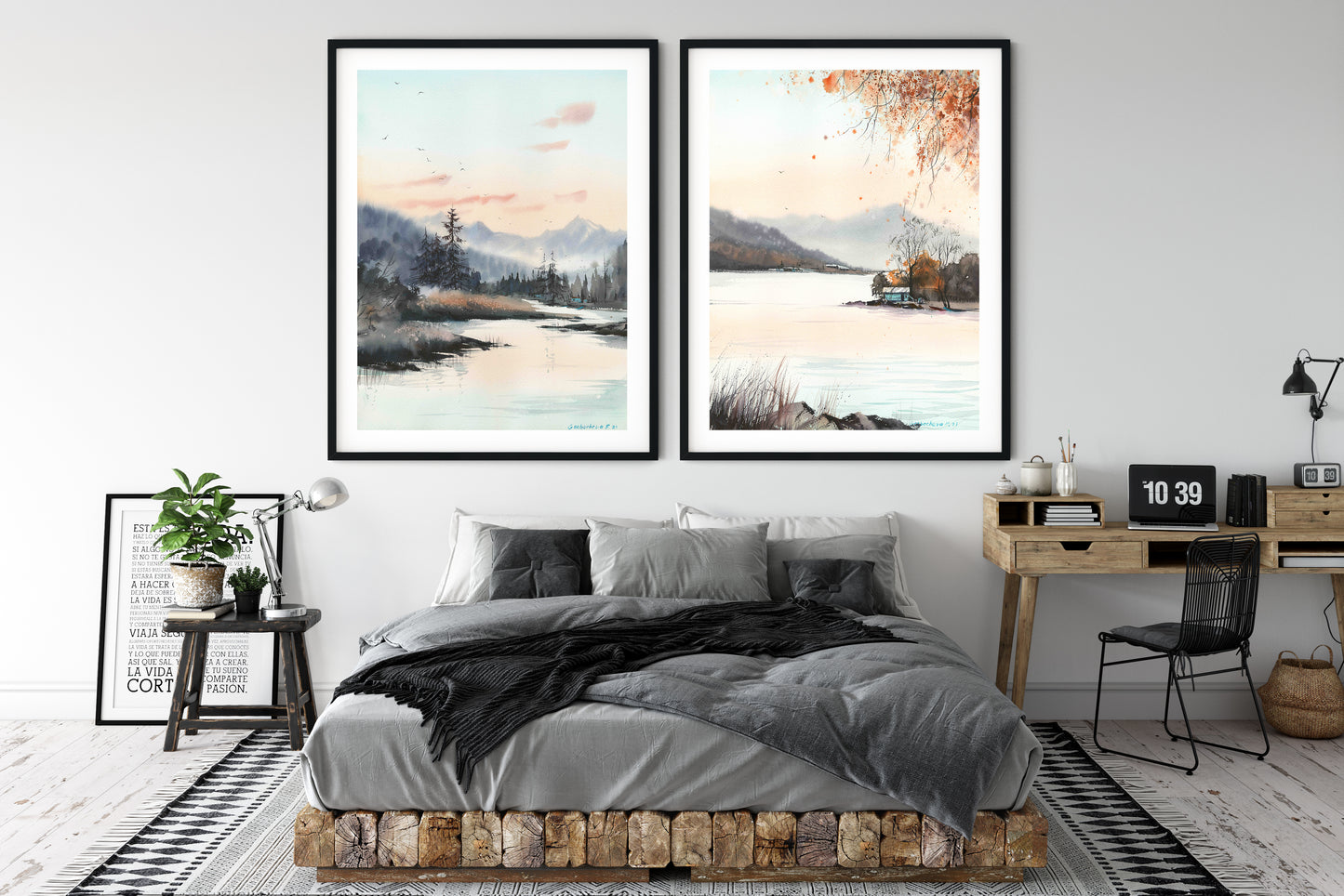 Set of 2 Watercolor Paintings, Nature Art Giclee Prints, Pine Tree Forest Wall Decor, Contemporary Bedroom Wall Art