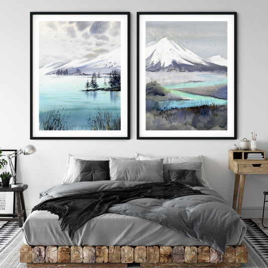 Set of 2 Abstract Mountain Prints, Modern Art, Turquoise, Grey, Landscape Wall Art, Living room decor, Canvas Prints, Gift