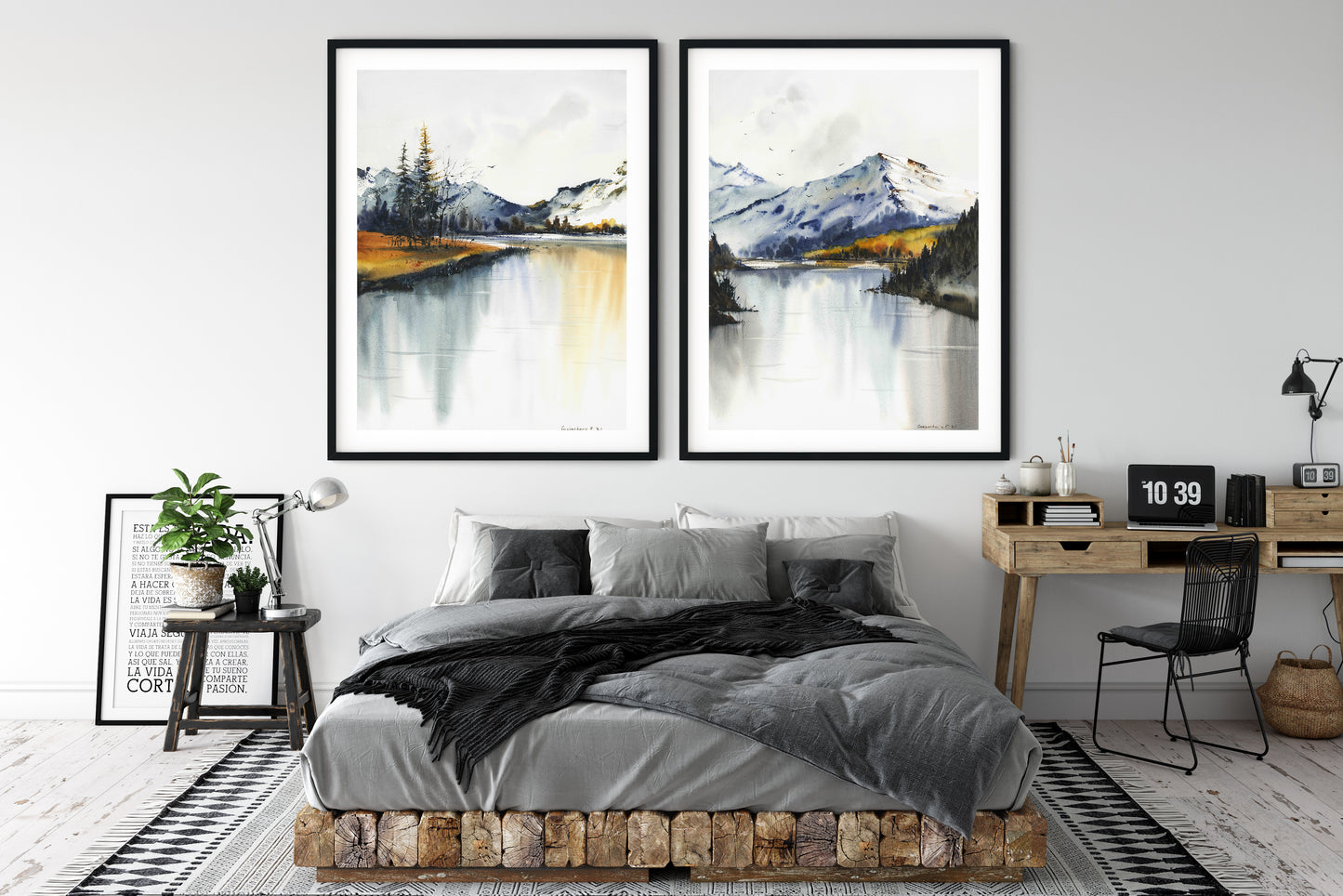 Set of 2 Fall Nature Prints, Abstract Mountain Wall Decor, Watercolor Painting, Canvas Large Print, Autumn Lake Art