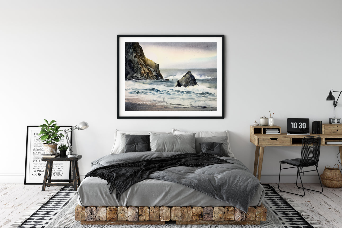 Coastal Wall Art , Sea Waves Print, Ocean Bedroom Decor, Watercolor Wave Artwork, Beach Canvas Painting, Blue, Rainbow