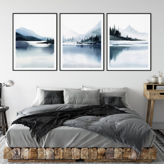 Modern Nature Set of 3 Misty Mountain Art Prints, Monochrome Abstract Mountains, Minimalist Contemporary Home Office Decor