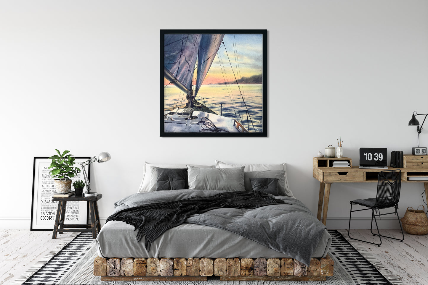 Yacht Wall Art Print, Nautical Wall Decor, Watercolor Sailboat, Summer Seascape, Square Painting on Canvas Orange Sunset