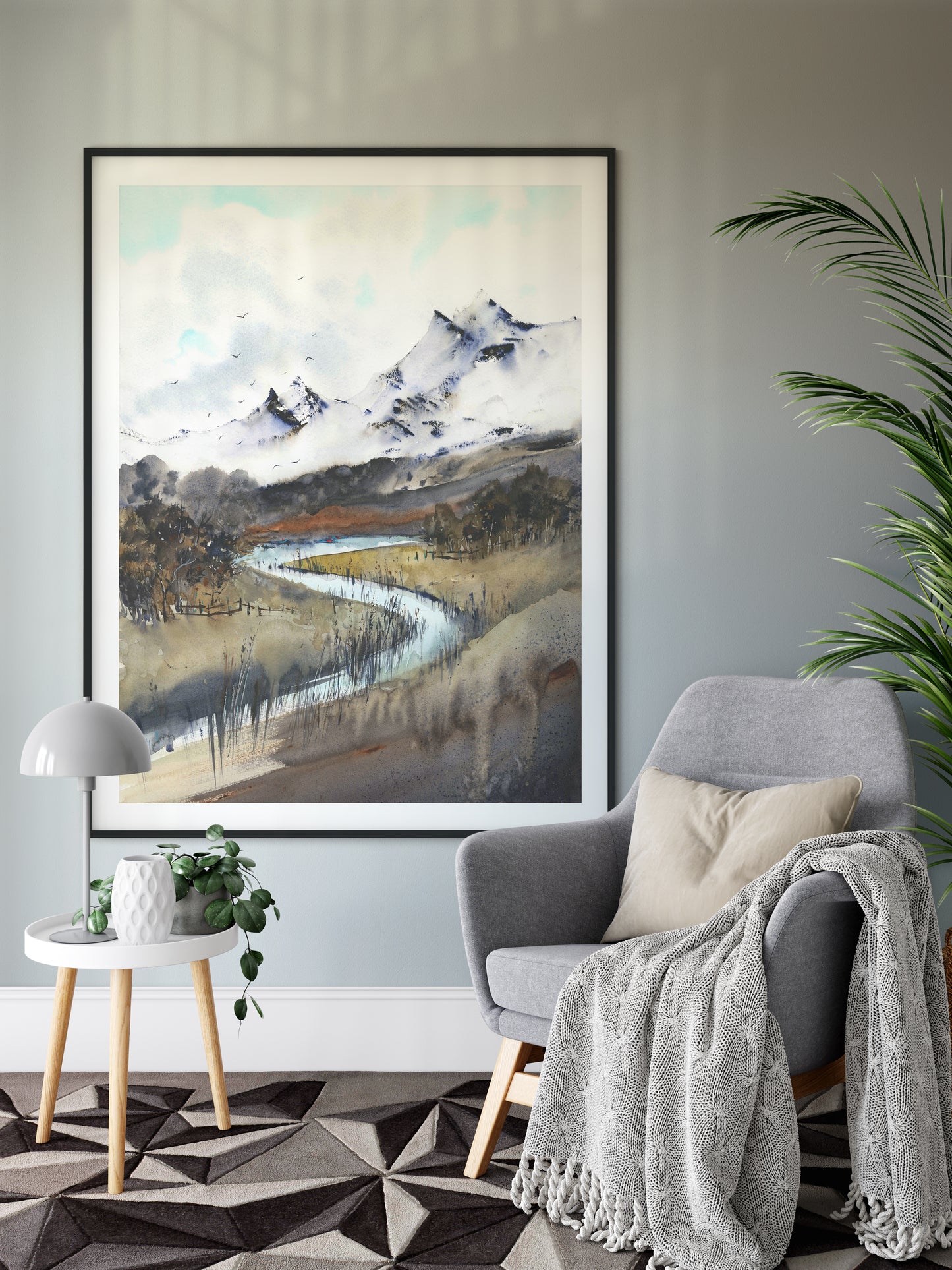 Autumn Mountain Wall Art, Abstract Landscape Print, Contemporary Watercolor Painting, Giclee Art Canvas Prints, Turquoise, Burnt Yellow