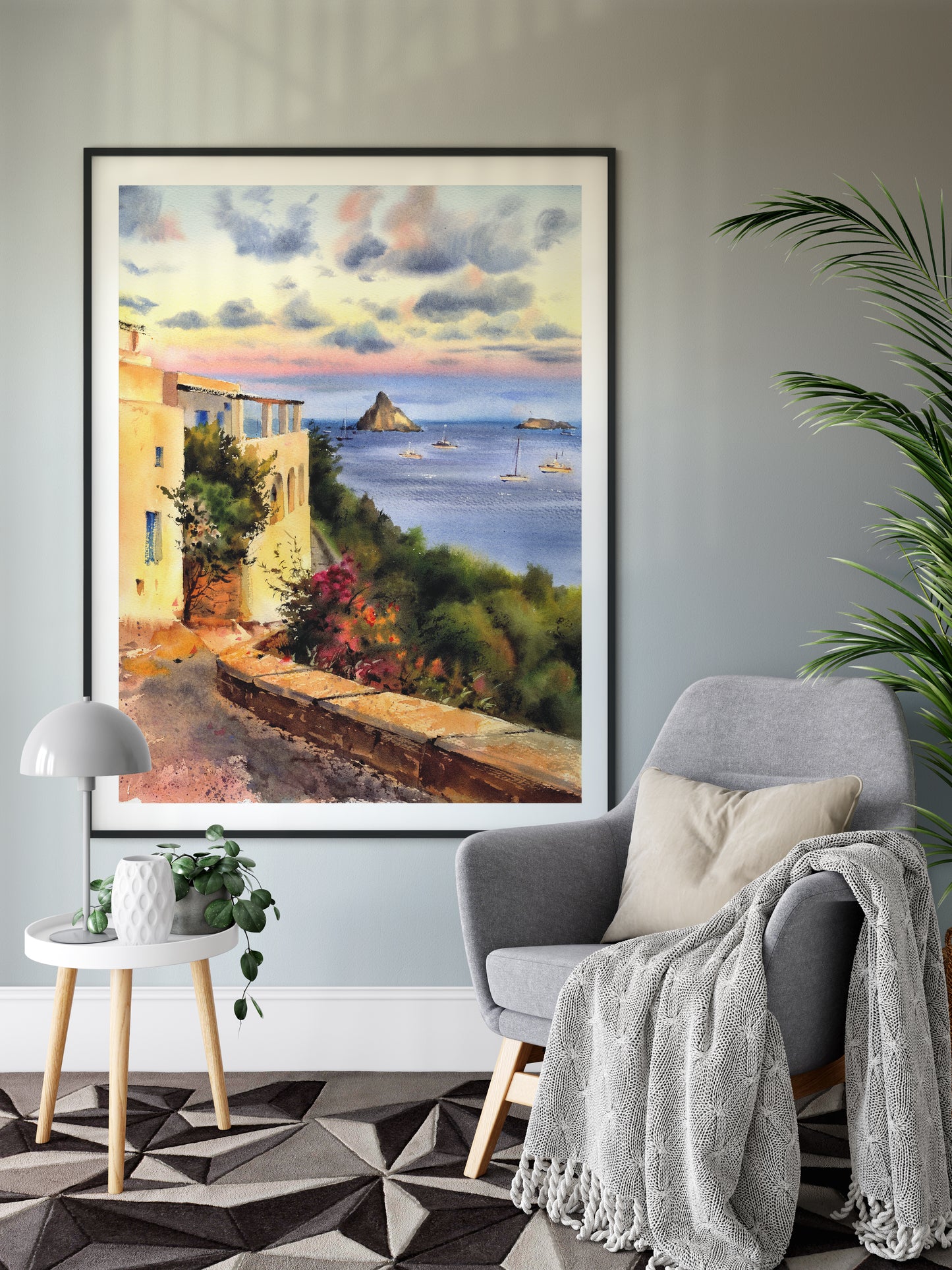 Panarea Island Painting, Watercolor Art Print, Italy Coastal Wall Art, City Sunrise, Gift For Travel Art Lover