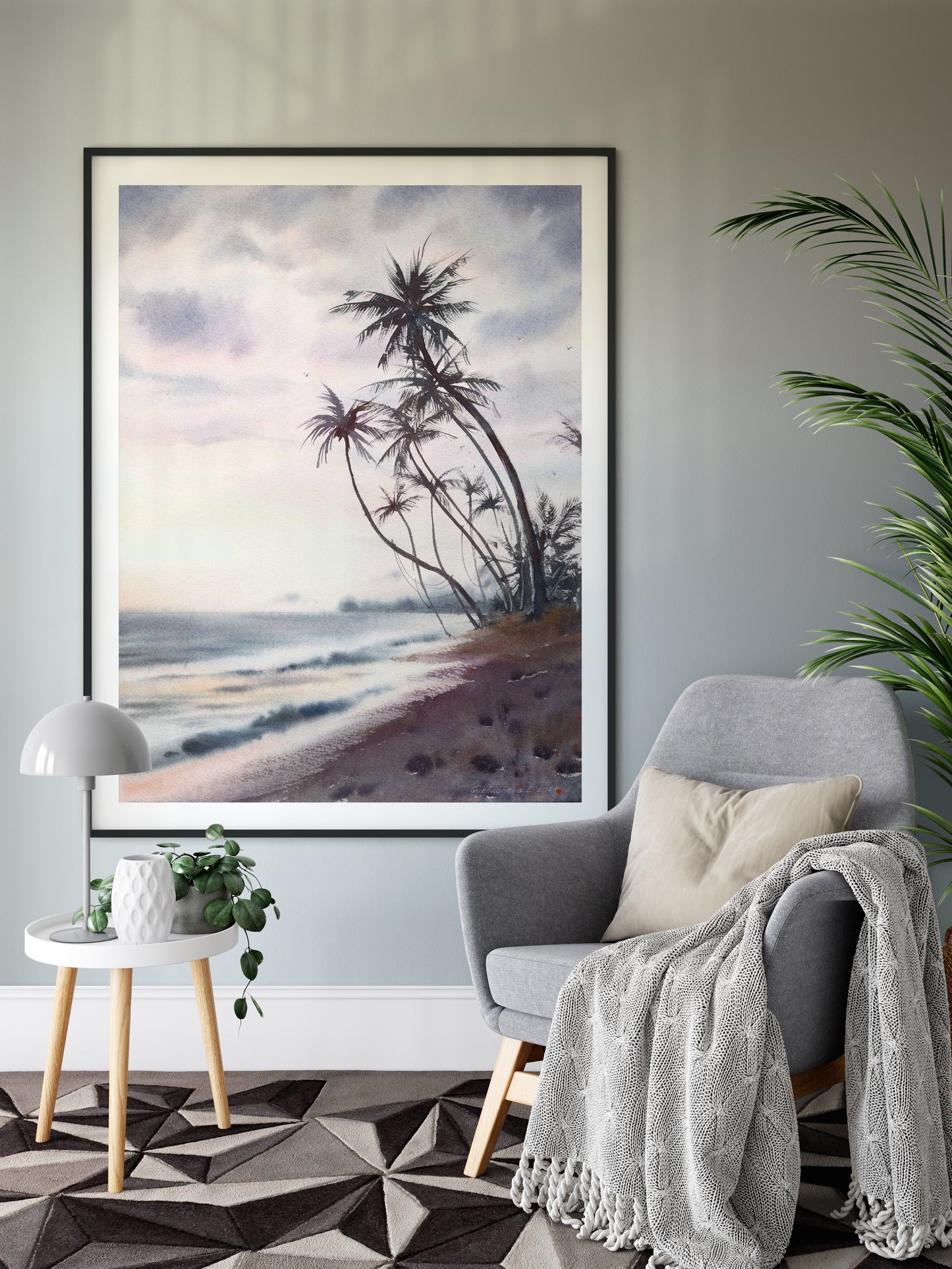 Beach Palm Wall Art, Watercolor Ocean Print, Coastal Wall Decor, Canvas Painting, Sea Wave, Travel Poster Gift Idea