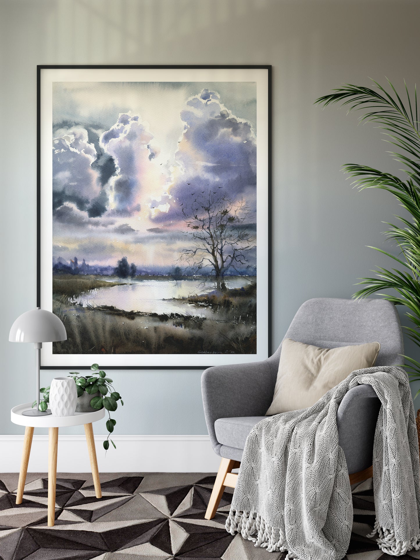 Modern Landscape Wall Art, Abstract Clouds Art Print, Watercolor River, Scenery Painting, Purple Contemporary on Canvas