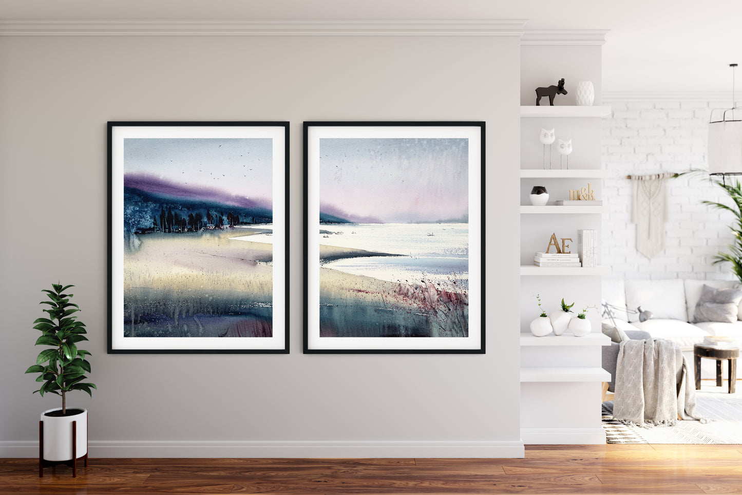 Coastal Abstract Art Set | Beach & Hills Diptych in Beige, Burgundy, and Purple Tones