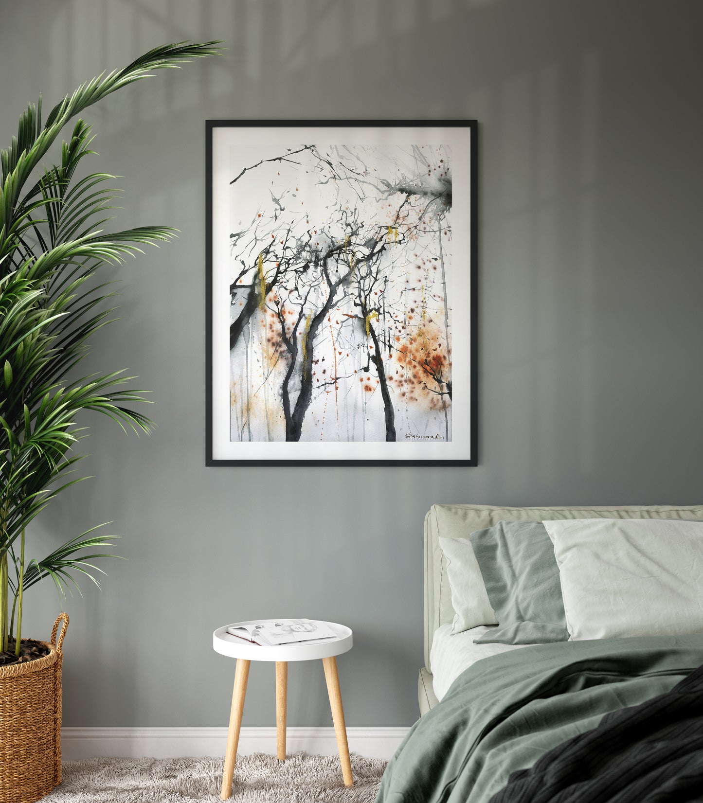 Watercolour Abstract Print, Autumn Dark Forest, Fall Prints, Sienna Wall Art, Landscape Painting, Scary Surreal Poster