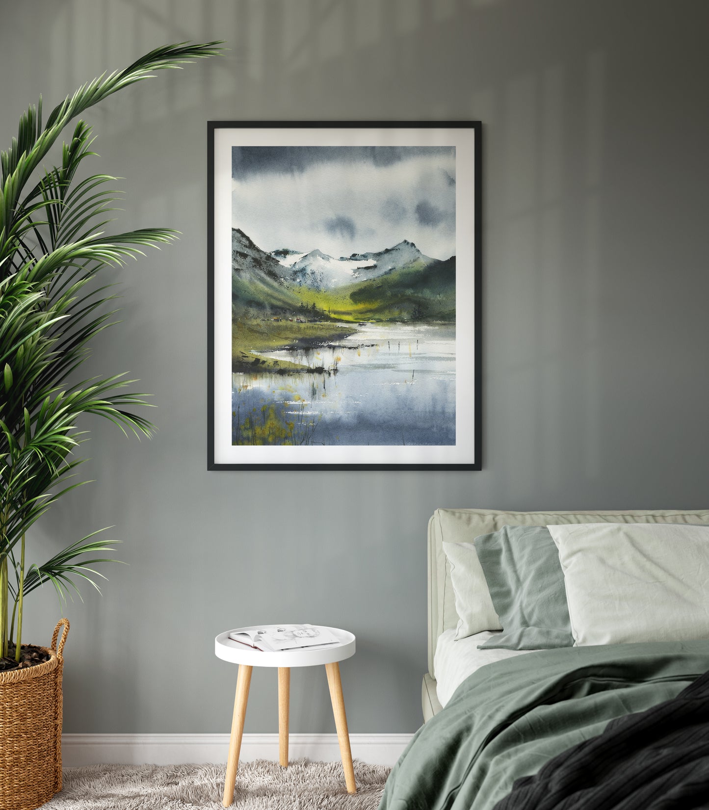Abstract Mountain Landscape Large Print, Neutral Wall Art, Modern Home Decor, Green Forest Lake