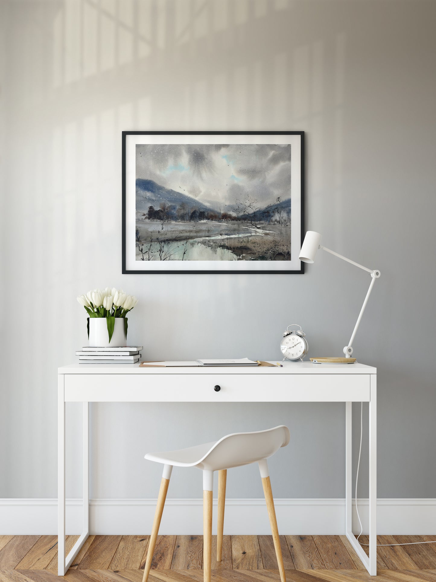 Nordic Abstract Landscape Painting, Modern Mountain Watercolor Original Artwork, Living Room Minimalist Wall Art