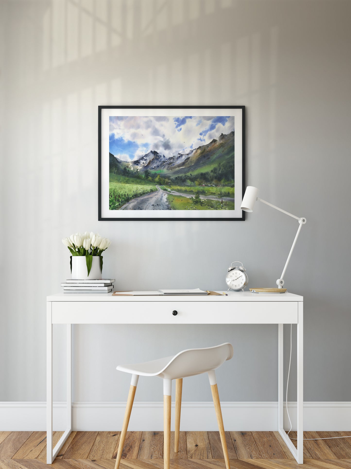 Mountain Meadow Painting, Neutral Landscape Wall Art, Pine Tree Watercolor Print, Light Blue Green Art, Decor Over Sofa