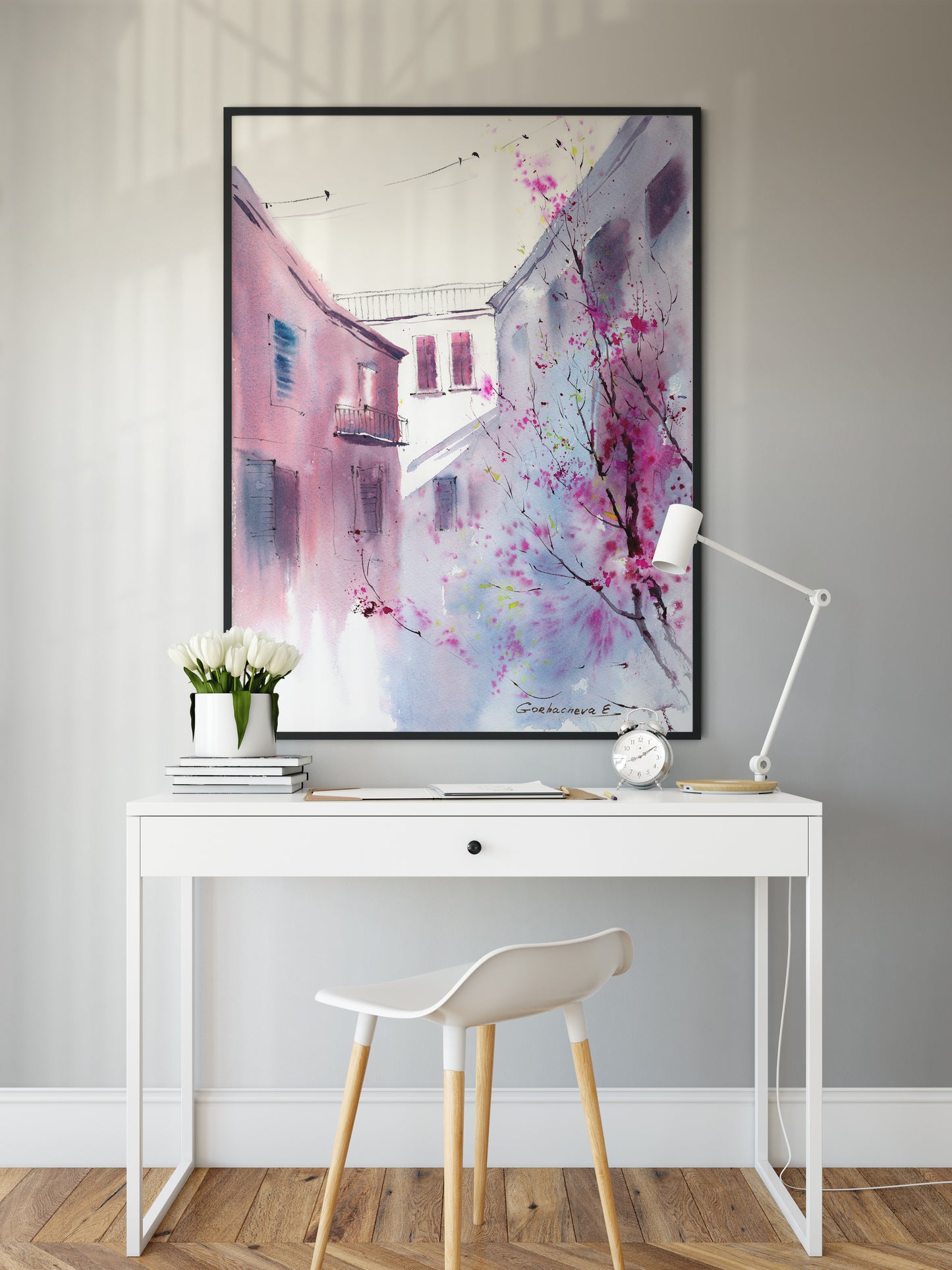 Mediterranean Art, Tranquil Italian Courtyard Scene, Neutral Pink Wall Print, Perfect Wedding Gift