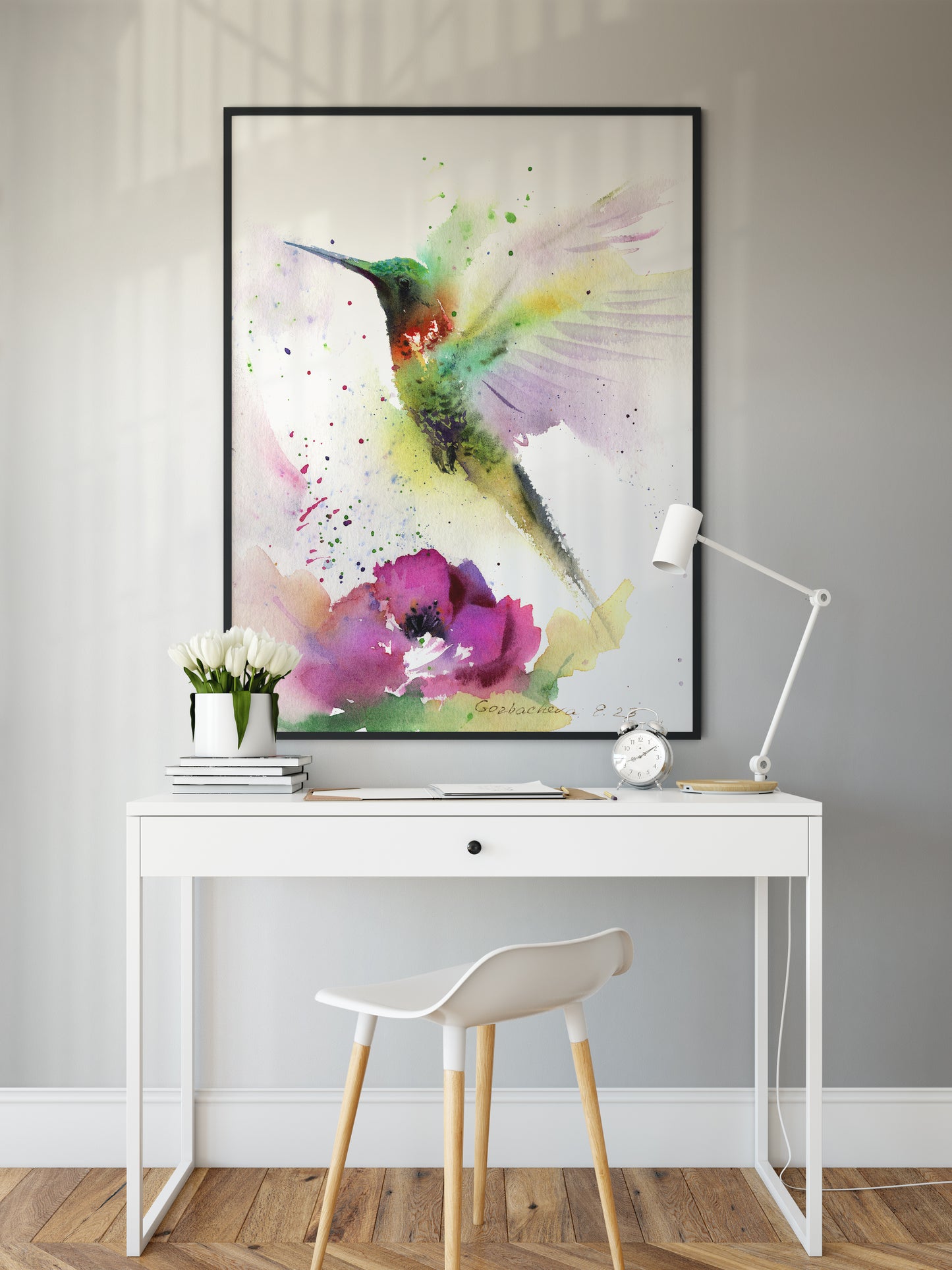 HUMMINGBIRD and FLOWER Print, Watercolor Wall Art, Fine Art Print, Tropical Bird Painting